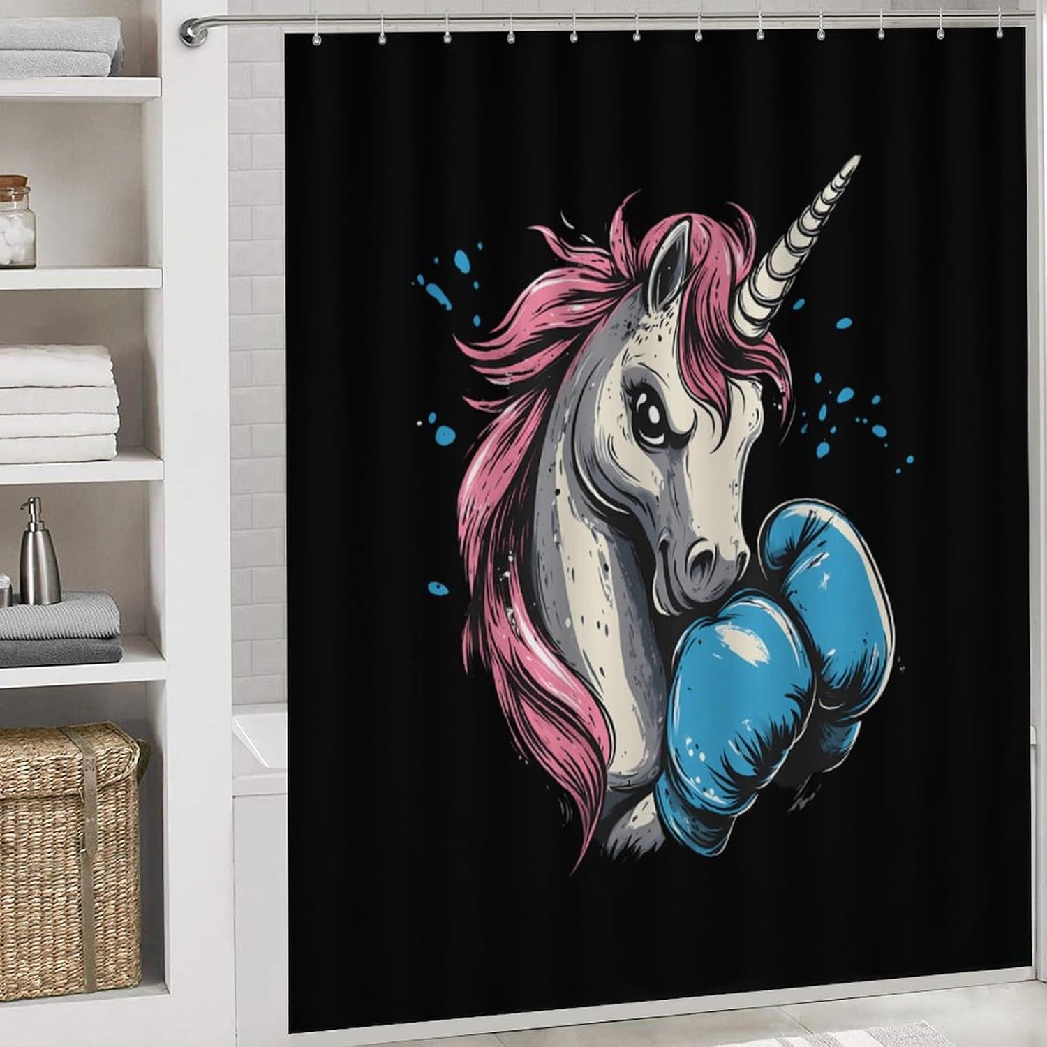 Boxing Unicorm Boxer Bathroom Sets with Shower Curtain and Rugs 4 Piece with U-Shaped Floor Mat Toilet Lid Cover