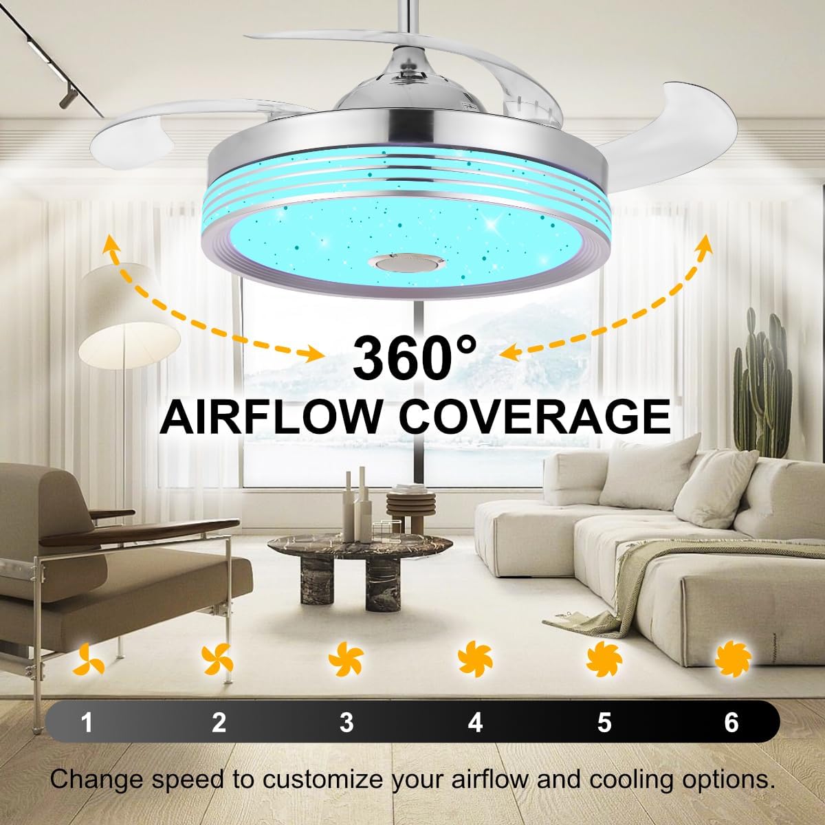 Modern Retractable Ceiling Fan with RGB Color Lights and Bluetooth Speaker Fandelier 42 inch Ceiling Fan with Light Remote Control APP 6 Speed Quiet Reversible DC Motor for Bedroom Living Room,Silver