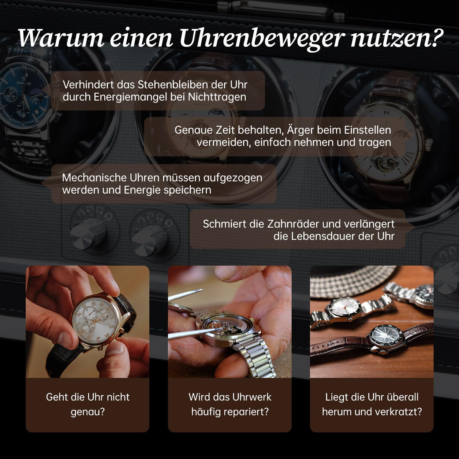 Mcbazel Rechteckige automatische Uhrenbewegerbox aus PU-Leder für 4 Uhren, ultraleiser Motor mit 4 Zifferblättern, LED-Lichtanzeige, 4 Rotationsmodi, Schwarz