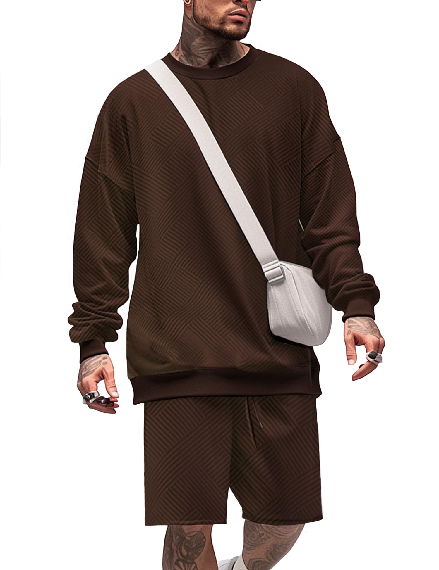 OYOZONE Mens 2 Piece Outfits Crewneck Sweatshirt Geometric Texture Long Sleeve and Joggers Shorts Sweatsuit Sets Tracksuit