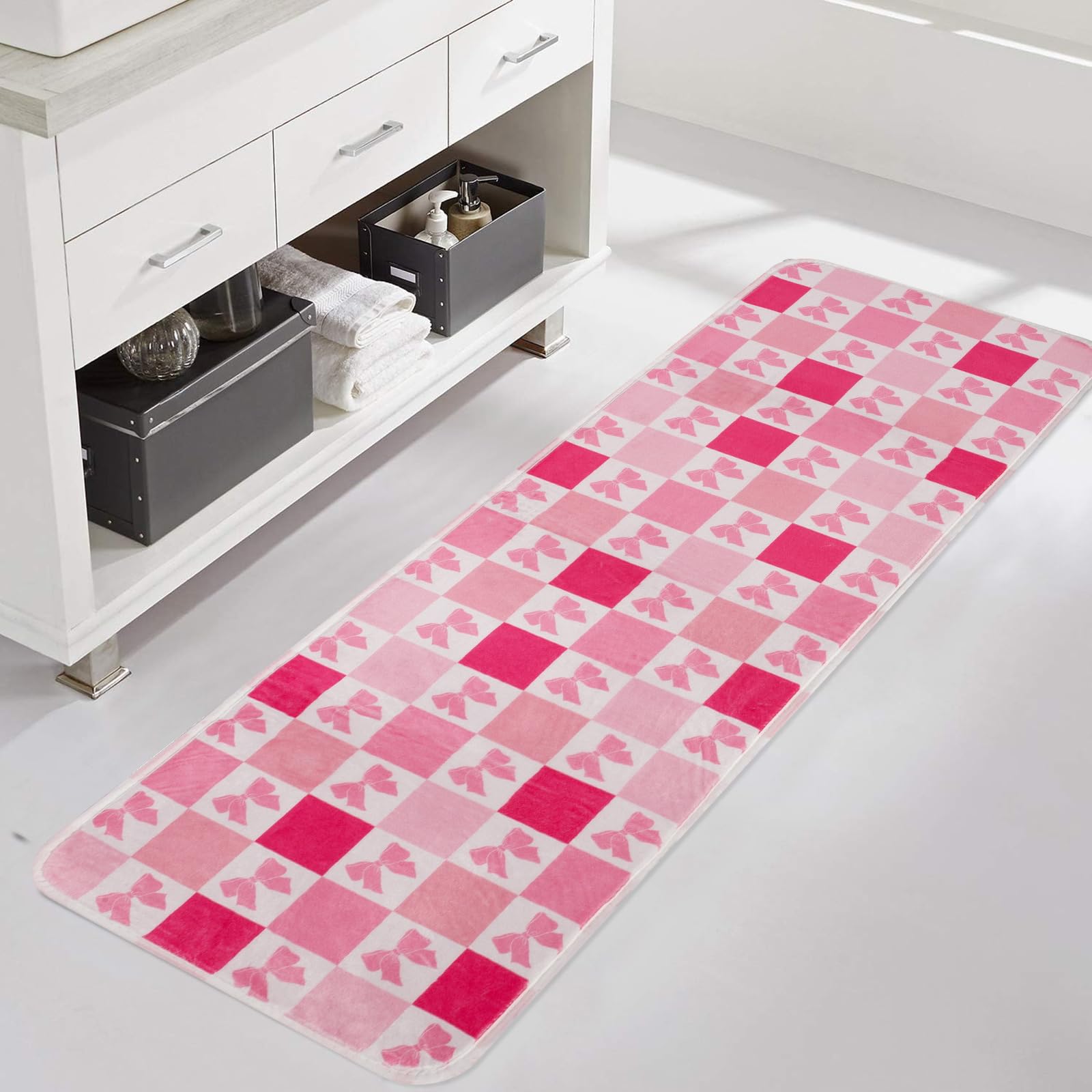 Besaomeom Pink Bow Bath Rug for Girls, Coquette Bow Checkered Bathroom Decor Bath Rug, Non-Slip Plush Rug for Bedroom, Washable Long Pink Bathroom