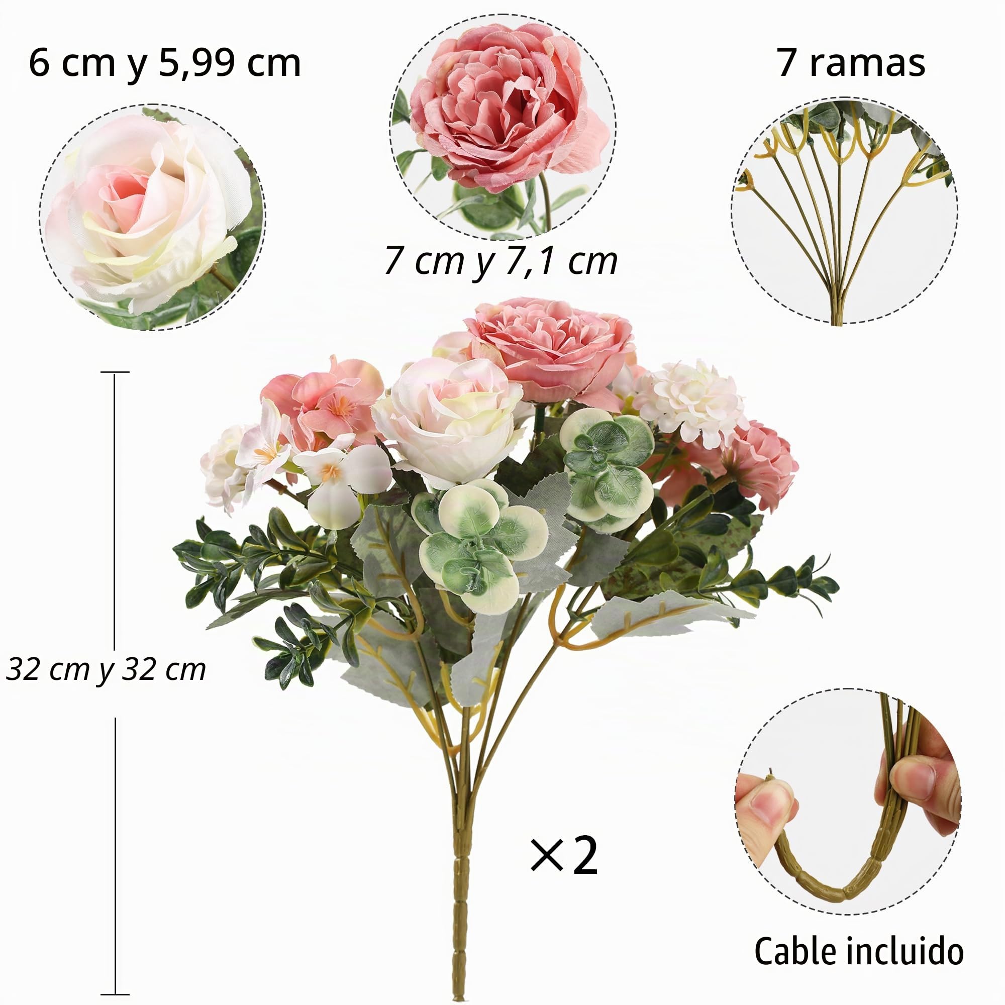 HNVNER 2 Ramo de Flores Artificiales Decoracion, Flor Falsa Peonía Seda Artificial Rosas Hydrangea Flower para Bodas, Hogar, Hotel, Decoración de Fiestas, Centros de Mesa (Rosa)