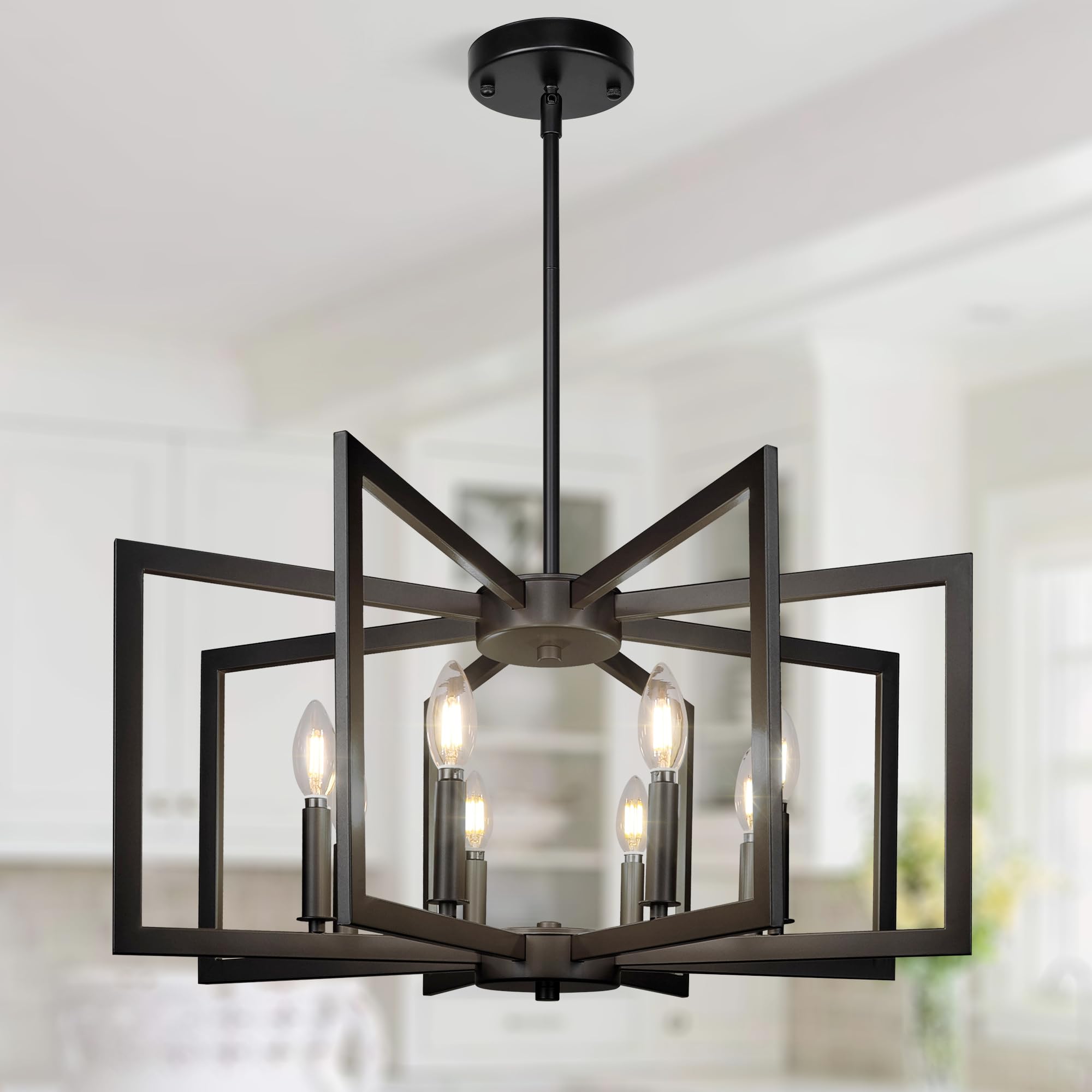 Photo 1 of Sigaitwei 8-Light Large Black Chandelier,Dining Room Light Fixture Geometric Metal Modern Chandelier,Hanging Industrial Metal Chandelier for Kitchen Island Entryway Stairway Foyer Hallway.