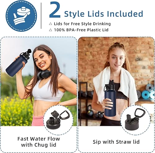 Miniatura 2 de Volhoply Botellas de agua aisladas de 32 onzas a granel con tapa de popote y tapa de boquilla, botella de agua deportiva de acero inoxidable, tazas