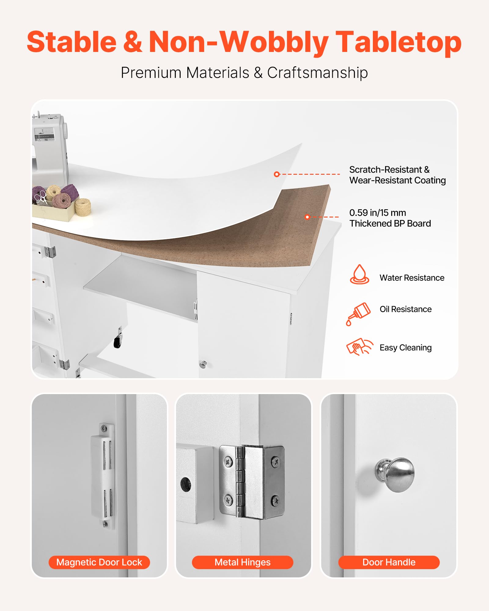 VEVOR Table de couture pliante, table pour machine à coudre polyvalente pour maison, avec design compact, armoire, roulettes, chevilles en bois, plateaux de rangement, étagère, porte magnétique, blanc