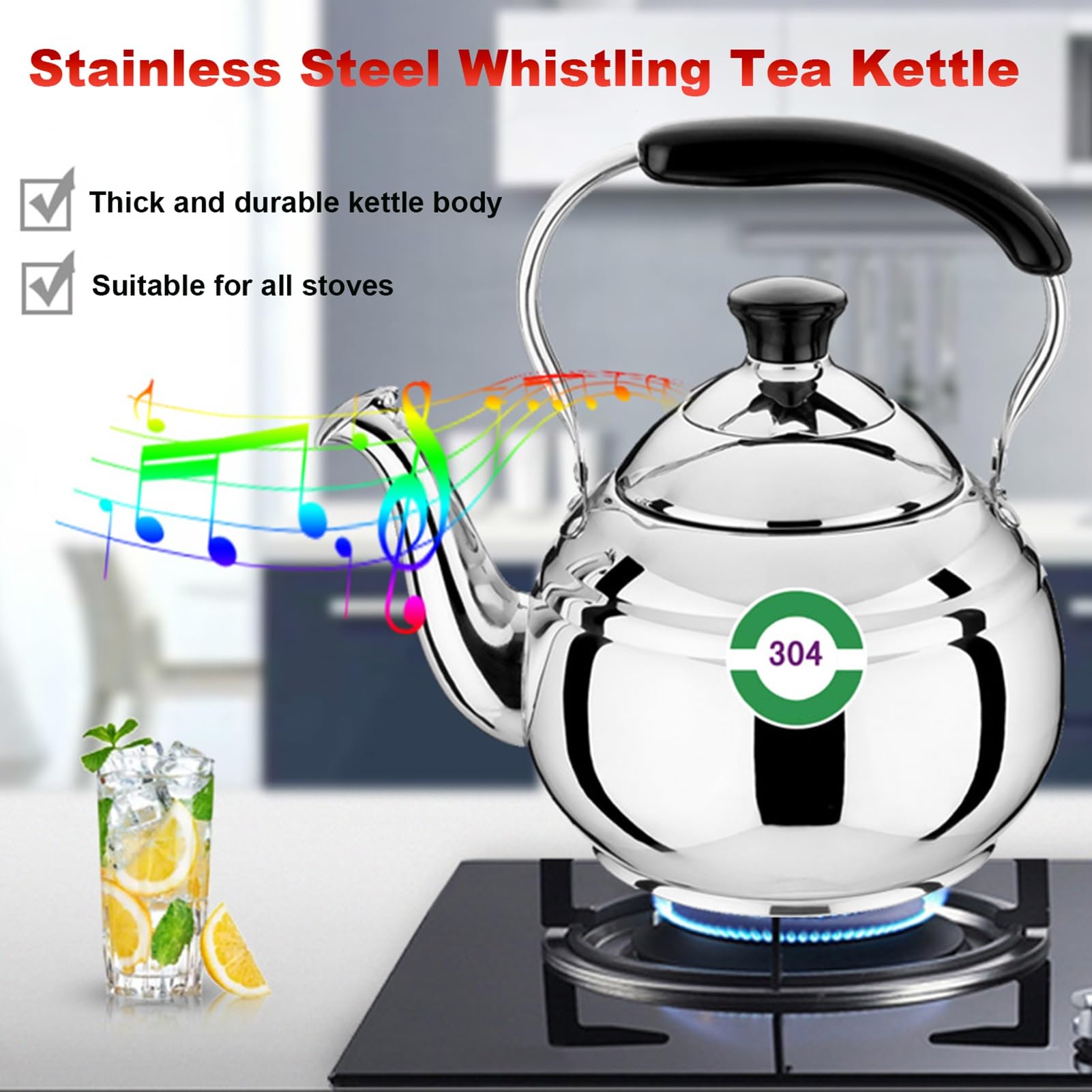 304 Stainless Steel Tea Kettle Stove Top, Durable Whistling Teapot, Anti Scalding Handle Camping Kettles(OneColor)
