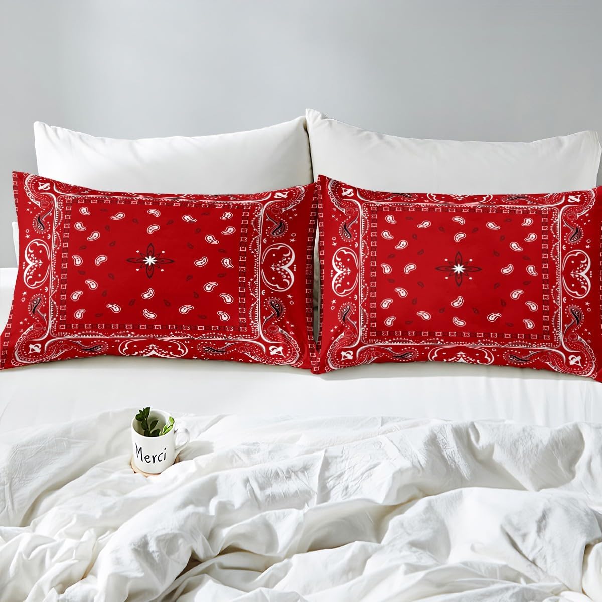 Manfei Red Paisley Bedding Set 3pcs for Kids Girls Chic Exotic Floral Printed Sheet Set Flower Pattern Fitted Sheet Soft Polyester Bed Sheets (1 Fitted Sheet + 2 Pillow Cases) Queen Size