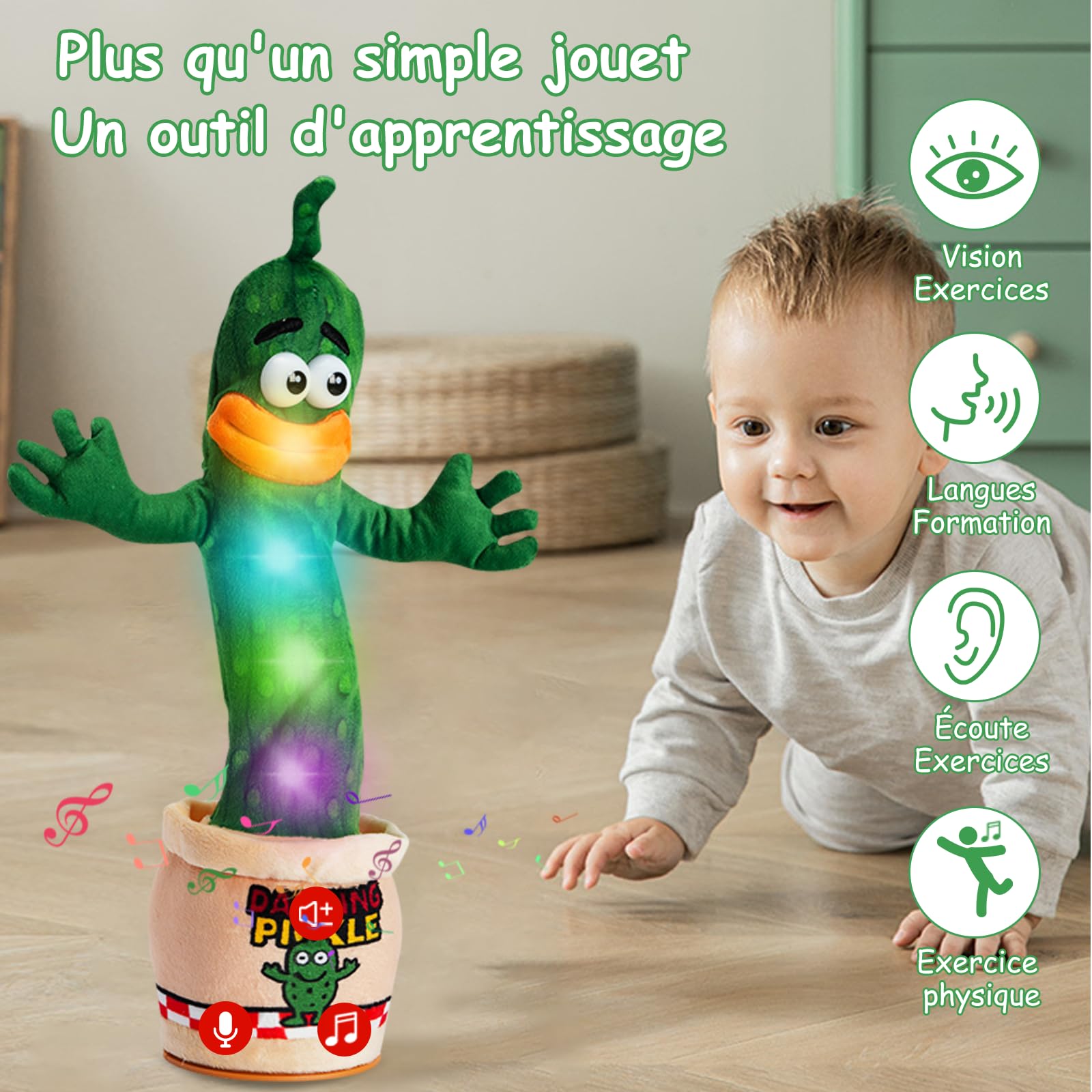 Cornichon interactif parlant dansant Jouet bébé 0-6 mois Cadeau garçons filles Chante imite enregistre répète 120 chansons Volume réglable