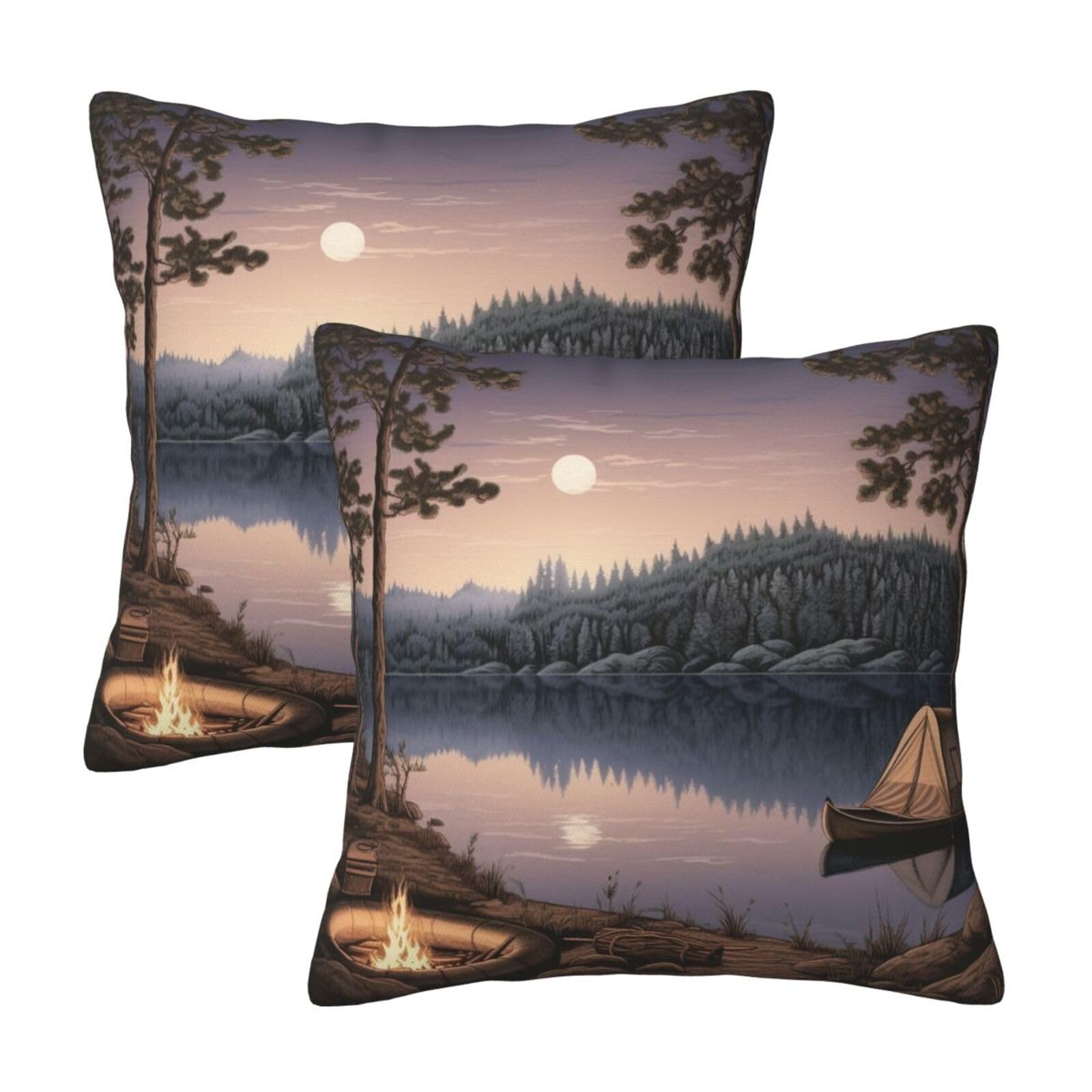 Lake Camping Throw Pillow Cases 2 Pack Square Pillowcases Soft Pillow Protectors for Couch Livingroom Sofa Bed Office Car,30x30 CM