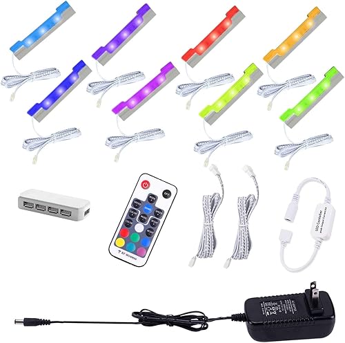 AIBOO Kit de iluminación LED para estante de vidrio para iluminación lateral trasera con cable flexible y clip con control remoto RF (8 luces, RGB)
