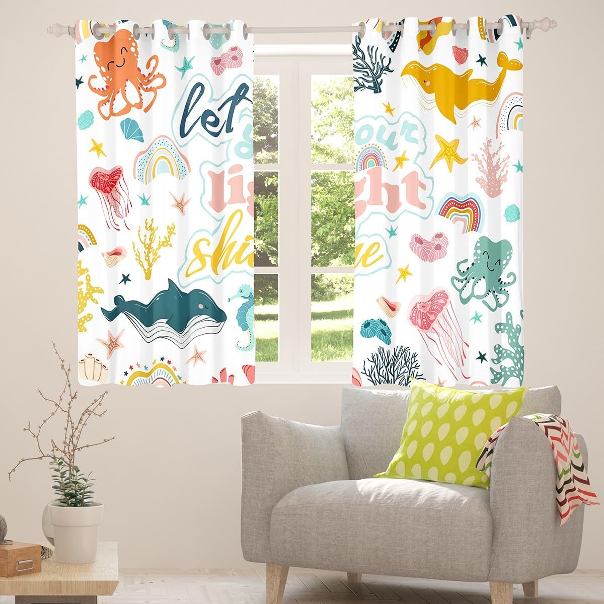 Manfei Marine Animal Kids Blackout Curtain,Whale Seahorse Octopus Jellyfish Coral Window Drapes for Boys Girls,Cartoon Stars Rainbow Colorful Window Treatments Grommet Top 2 Panel Set,42Wx84L inch
