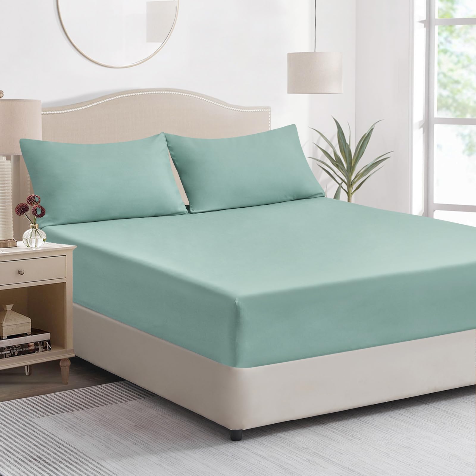 Tifschlaf Double Fitted Sheet Deep - Sage Green Bed Sheet Extra Deep Pocket 16 inch (40 cm), Soft Brushed Microfiber Mattress Bottom Bedding Sheet, 135x190cm — image 1