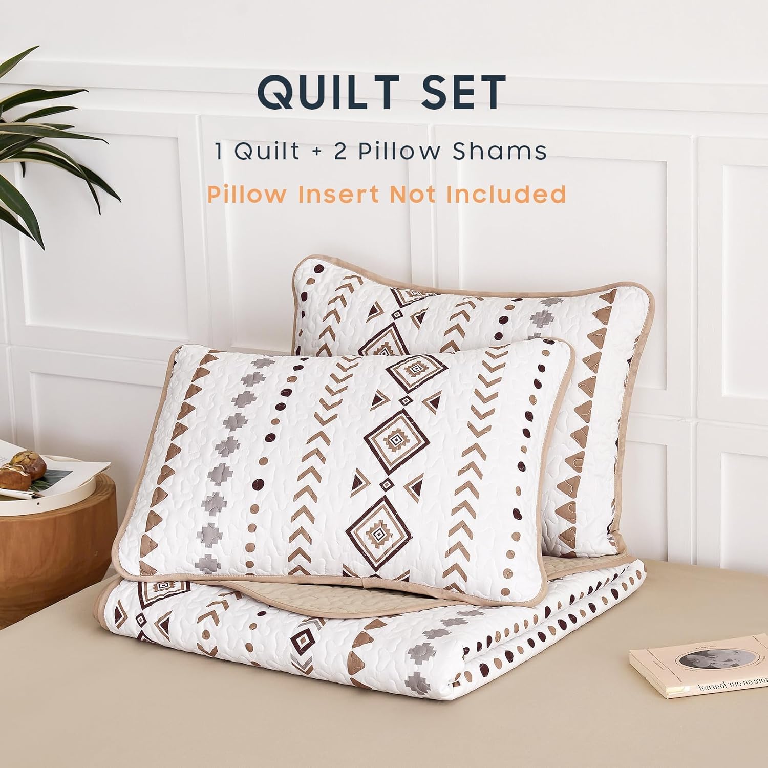 Wake In Cloud - Western Quilt Set, Boho Southwestern Aztec Rustic Farmhouse Geometric Pattern, Reversible Lightweight Bedspread Coverlet, 3 Pieces, Taupe Brown, Queen/Full Size