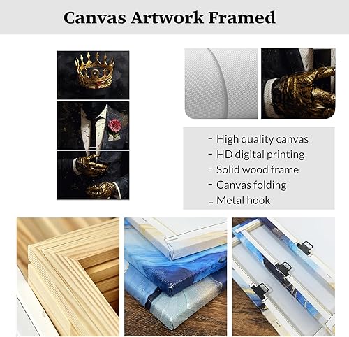 Miniatura 6 de ZXHYWYM Arte de pared afroamericano de 3 piezas, imágenes de hombre negro, coronas doradas, lienzo para sala de estar, dormitorio, oficina en casa