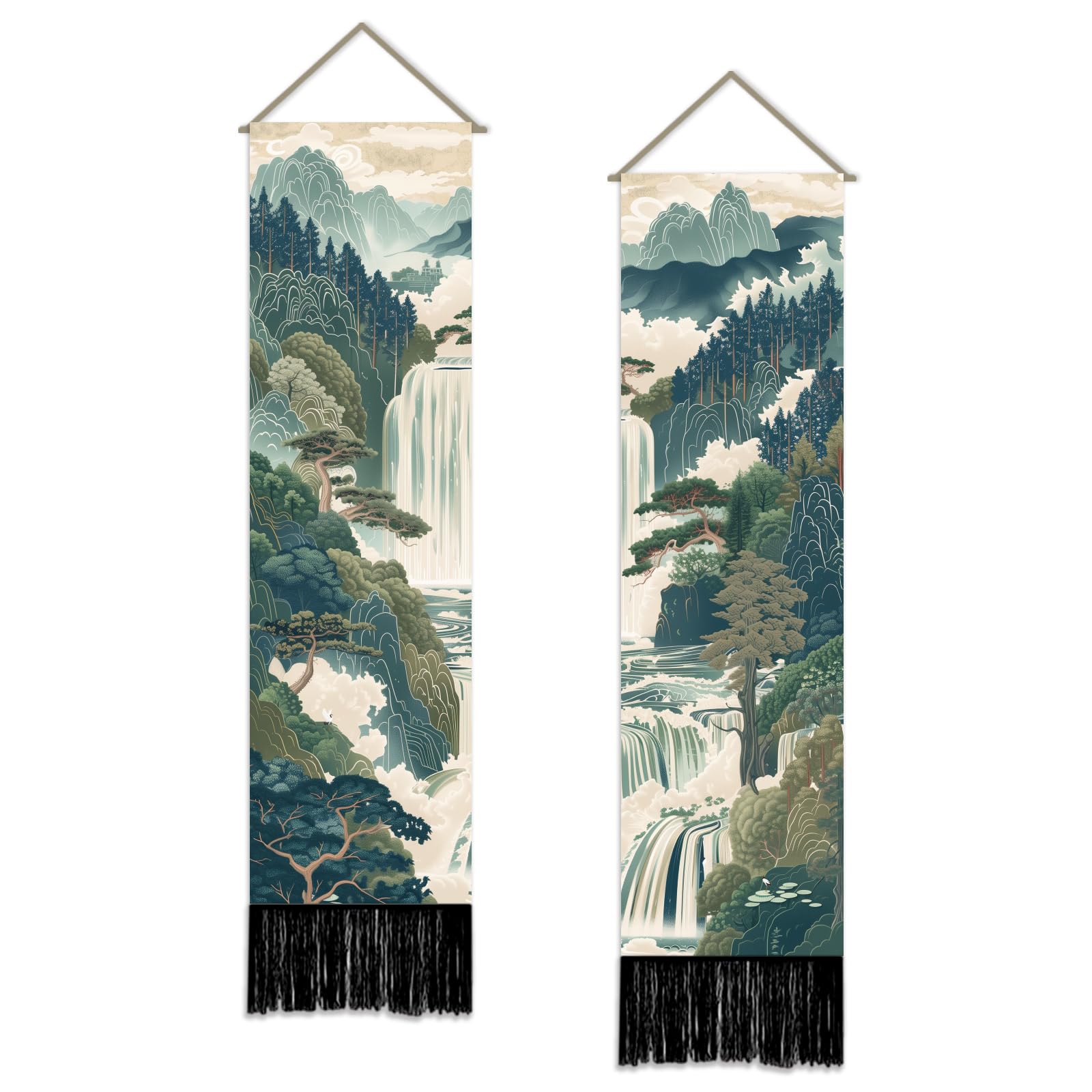 SUPERDANT 2 Piece Waterfall Forest Tapestry Set Wall Decor Eastern Zen Philosophy Long Tapestry for Wall with Hanging Accessories Nature Inspired Vertical 130x33cm