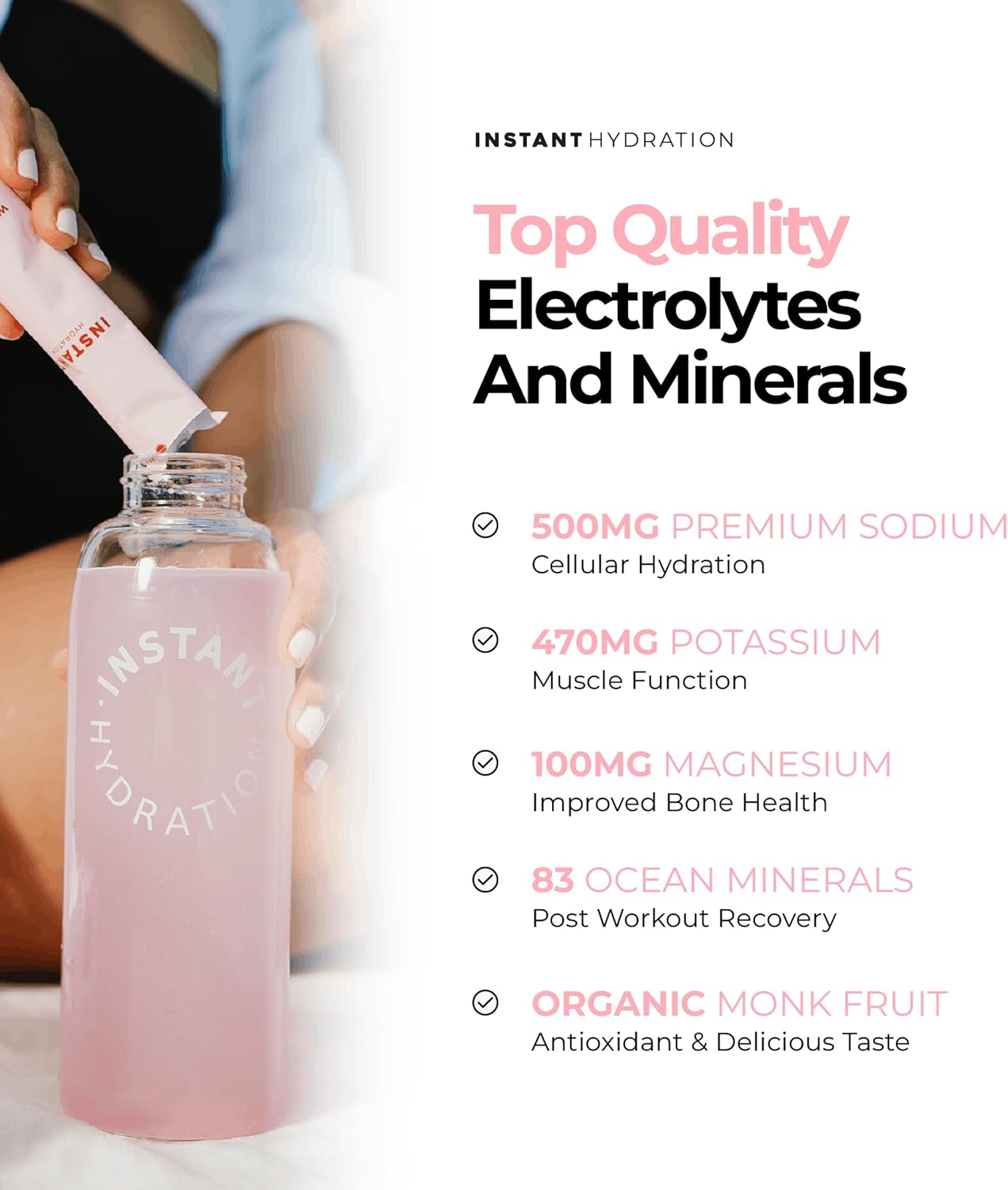 Instant Hydration Sugar Free Electrolytes Powder Packets - Watermelon Electrolyte Drink Mix & Travel Essentials - Post Workout Recovery, Brain Health, Muscle & Tissue Support - 20 Sticks
