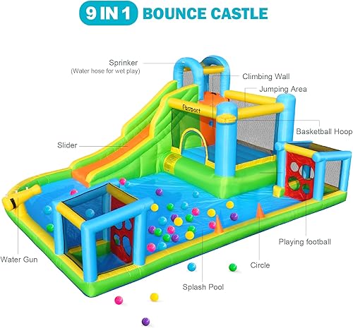 Miniatura 6 de FBSPORT Casa inflable para rebotar, tobogán acuático 9 en 1 con soplador, casa inflable para niños para interiores y exteriores, combinada con agua