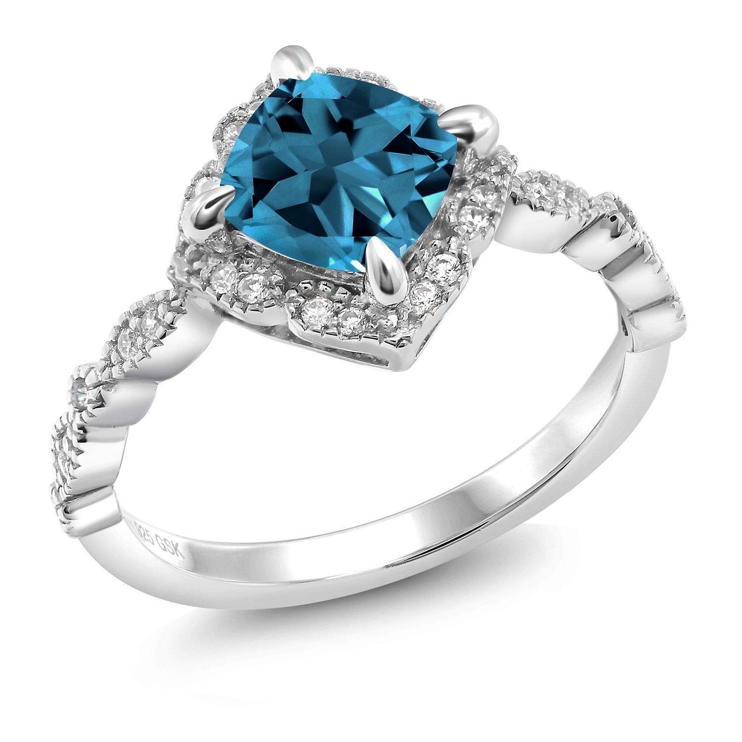 Gem Stone King925 Sterling Silver London Blue Topaz and Moissanite Solitaire Engagement Ring For Women | 2.19 Cttw | Cushion Cut 7MM | Gemstone Birthstone | Available in Size 5, 6, 7, 8, 9