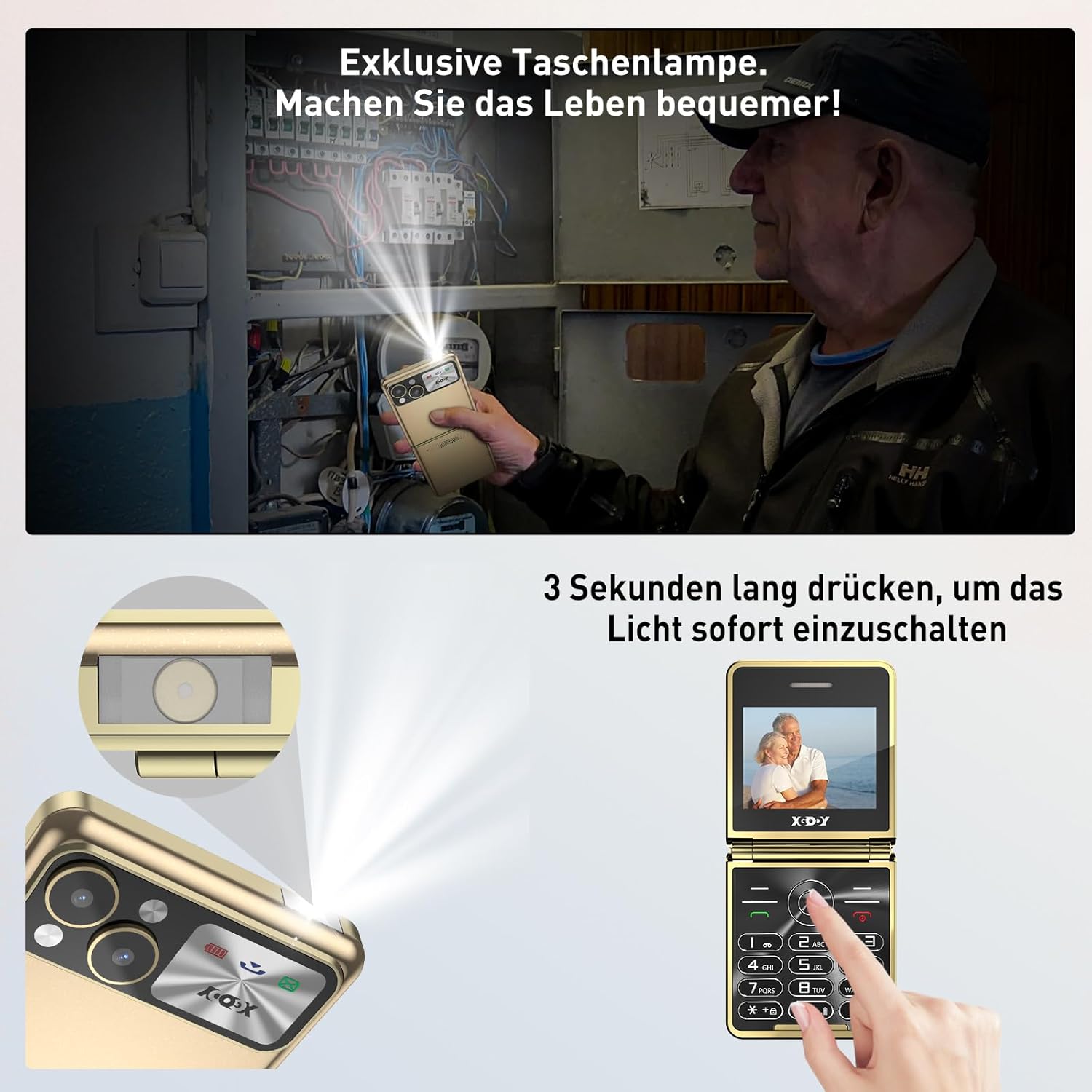 Man using XGODY S200 flashlight in a dark room.