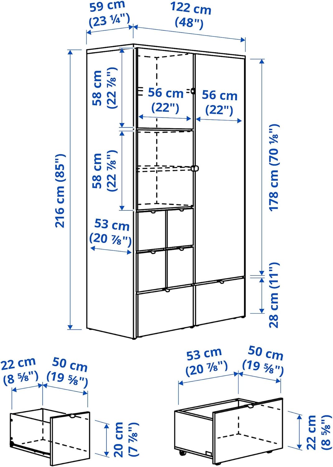 VISTHUS Wardrobe, grey/white, 122x59x216 cm