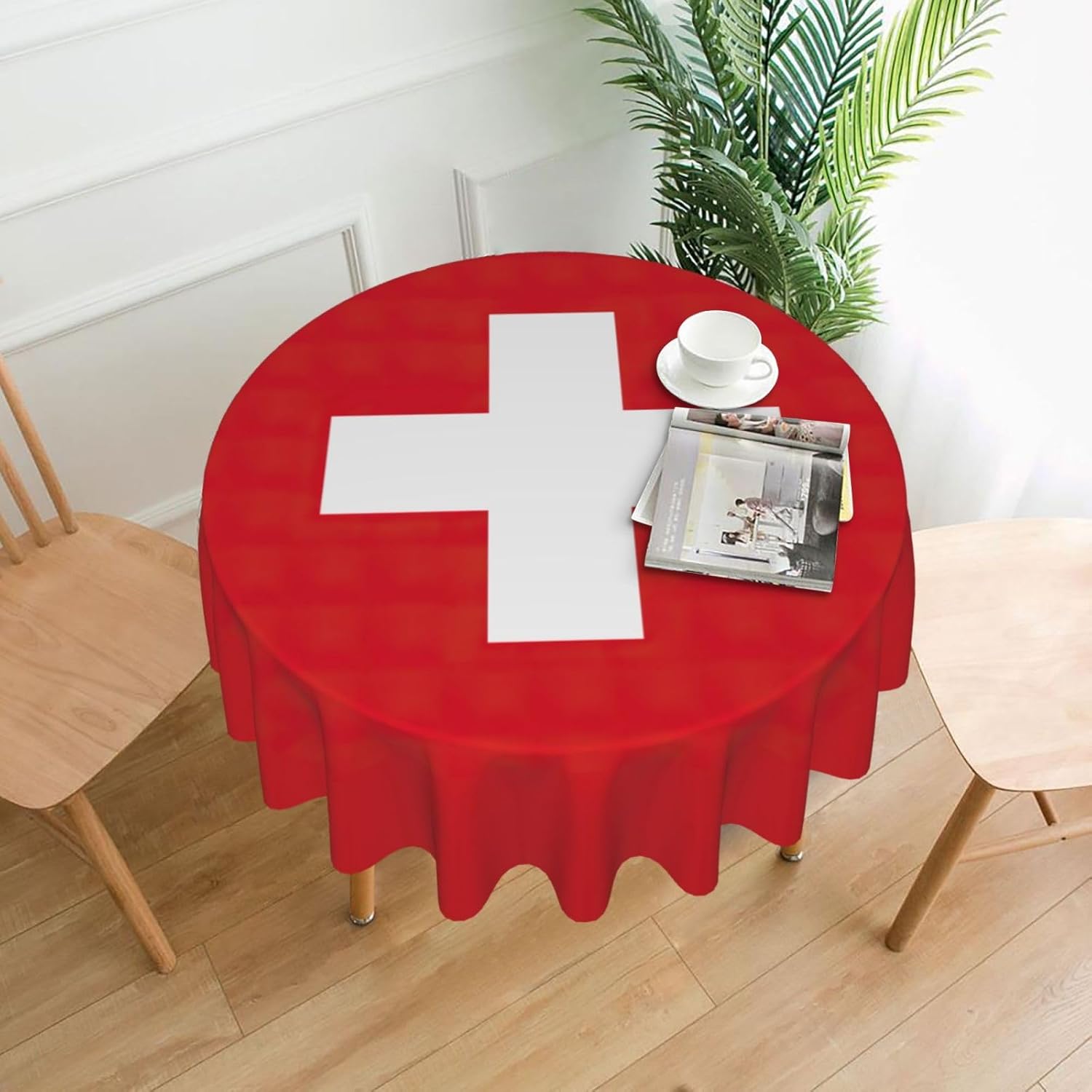 Swiss Flag Print Wrinkle Free Dining Table Cover for Birthday Party Farmhouse Tablecloths Up to 60 x 60 Inches