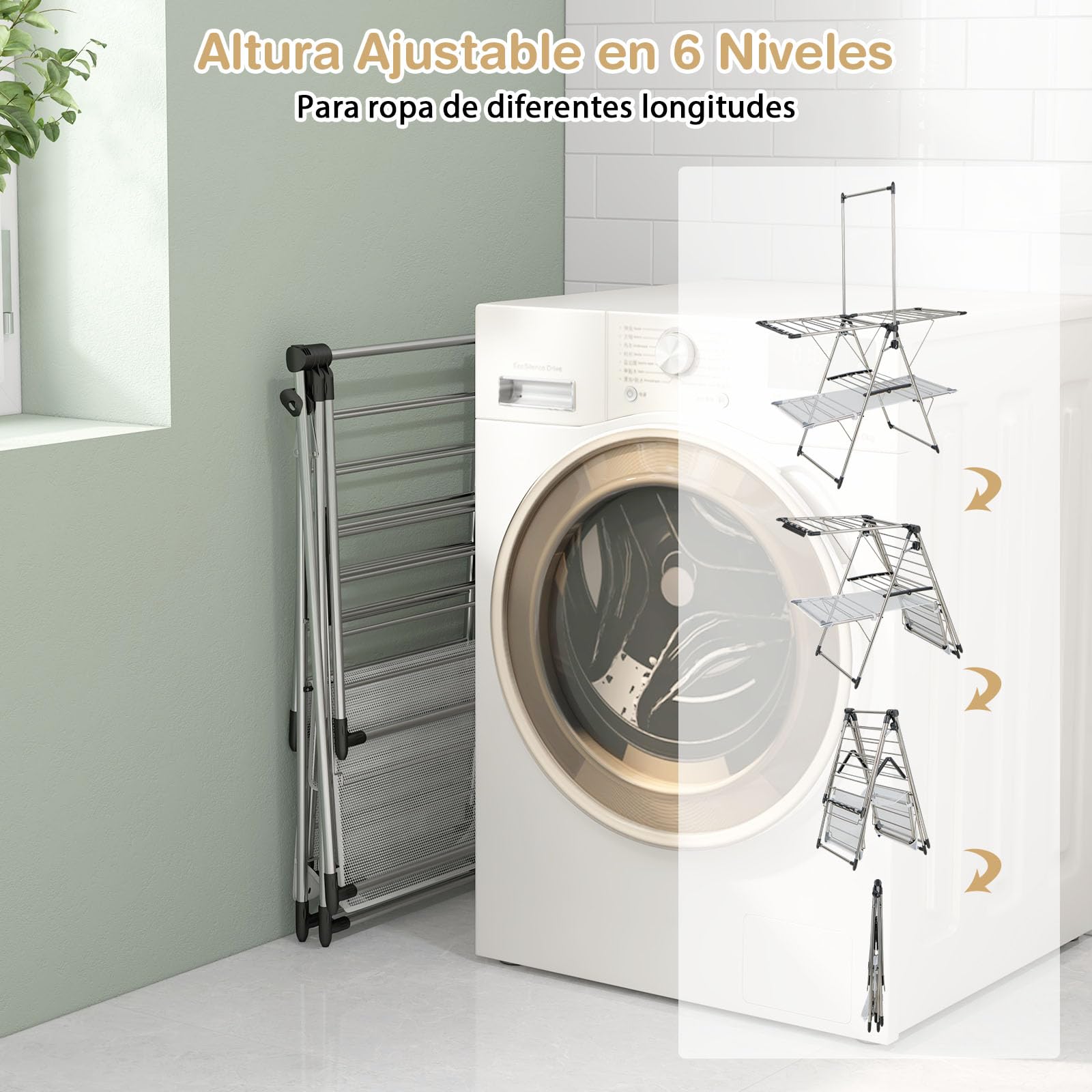 GOPLUS Tendedero Plegable, Soporte de Ropa Vertical con Barra de Colgar, Alas Ajustables 70-140 cm, Pinzas para Calcetines, Tela de Malla y Ganchos para Zapatos, Tendedor Extensible Interior Exterior