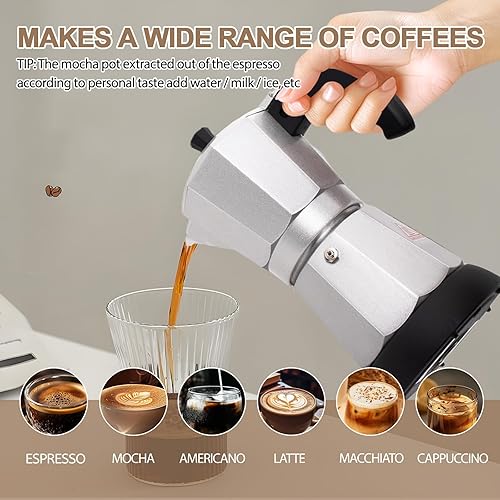 Miniatura 6 de Olla eléctrica de aluminio para moka de 5 a 6 tazas, 9.1 fl oz, cafetera expresa, portátil, cafetera italiana, clásica, greca, café, moca, con base