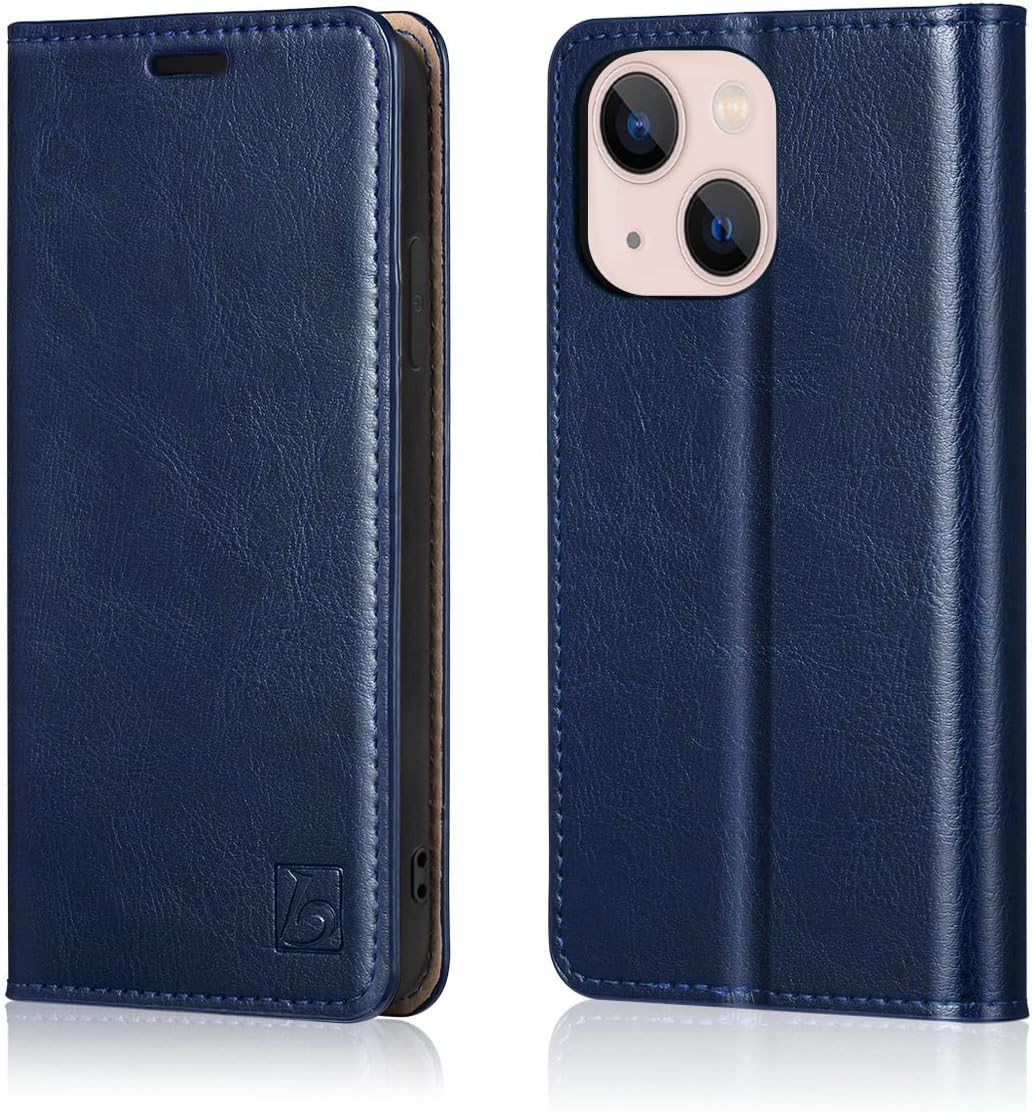 BelemayCase Compatible with iPhone 15 Wallet Case-Genuine Leather-RFID Blocking Card Holders-Shockproof TPU Shell-Kickstand-Durable Flip Cover-Book Folding Phone Case Women Men (6.1-inch) Navy Blue