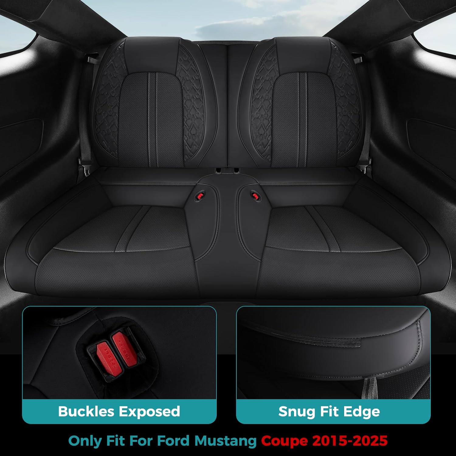 Seat Cover for Ford Mustang Coupe 2025 2024 2023 2022 2021 2020 2019 2018 2017 2016 2015, Waterproof Faux Leather Seat Covers, BlackRed
