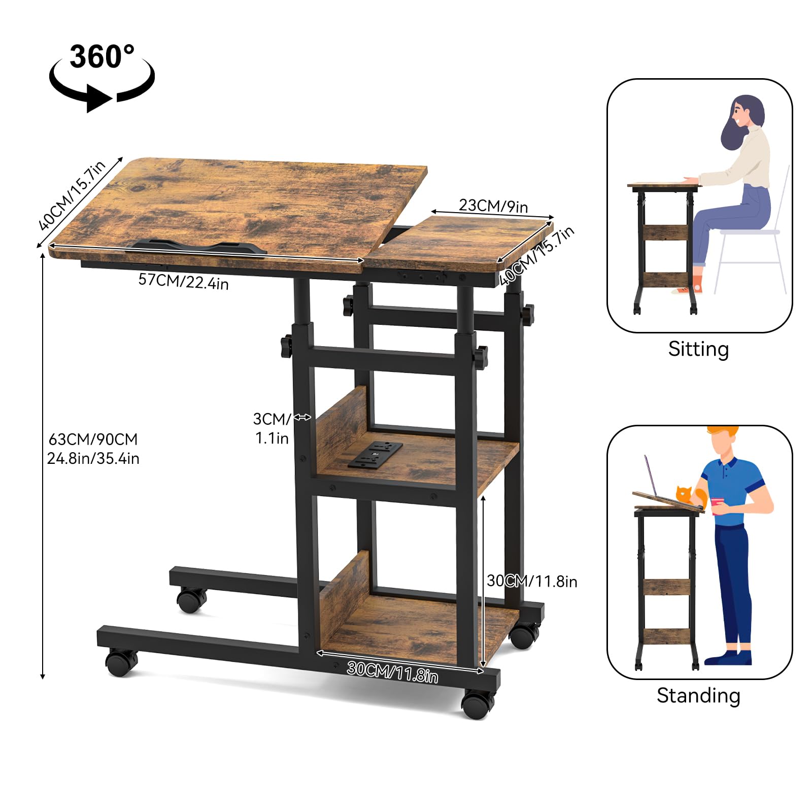 80x40 cm Mesa Rodante para Sofá Cama con Estación de Carga, Mesa Auxiliar con Ruedas para Portátil Altura Ajustable 65-90cm para Dormitorio, Oficina, Madera