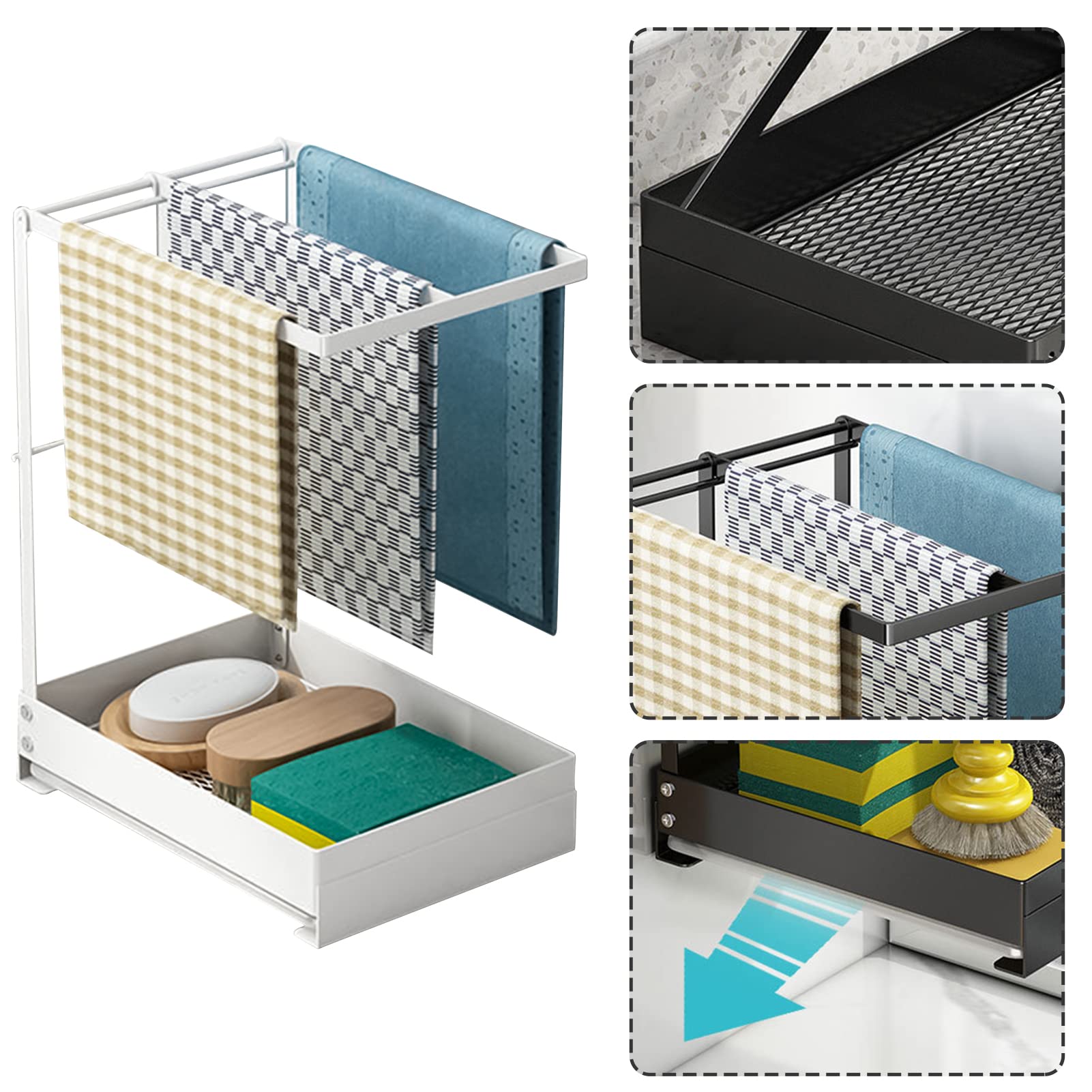 Organizador para fregadero de cocina, soporte para esponja para fregadero, soporte para paños de cocina, organizador para fregadero con bandeja de drenaje para almacenamiento de cocina, baño, fregad