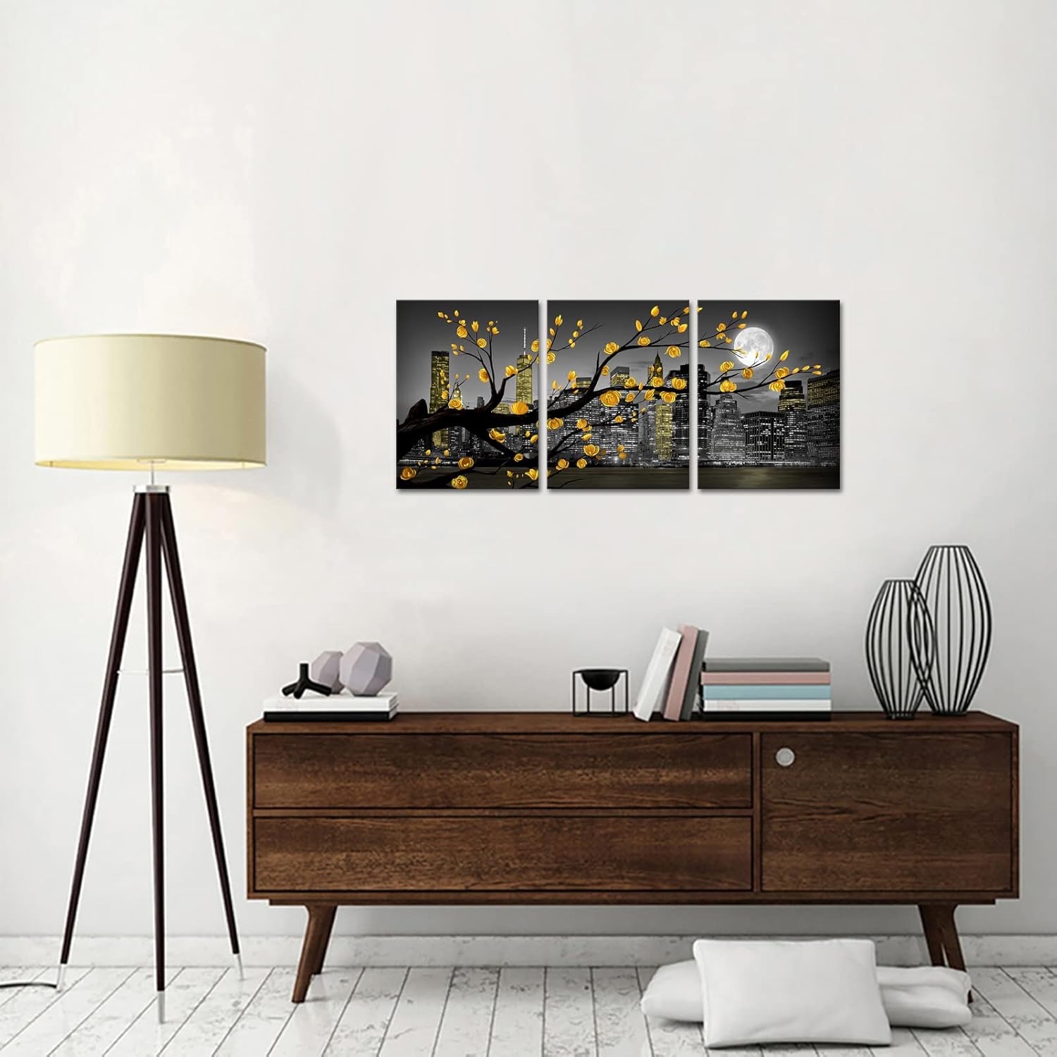 HOMEOART New York City Wall Art Yellow Grey Flower Painting Floral Picture Black White Cityscape Canvas Prints Framed Artwork Living Room Bedroom Decoration 12"x16"x3 Pieces