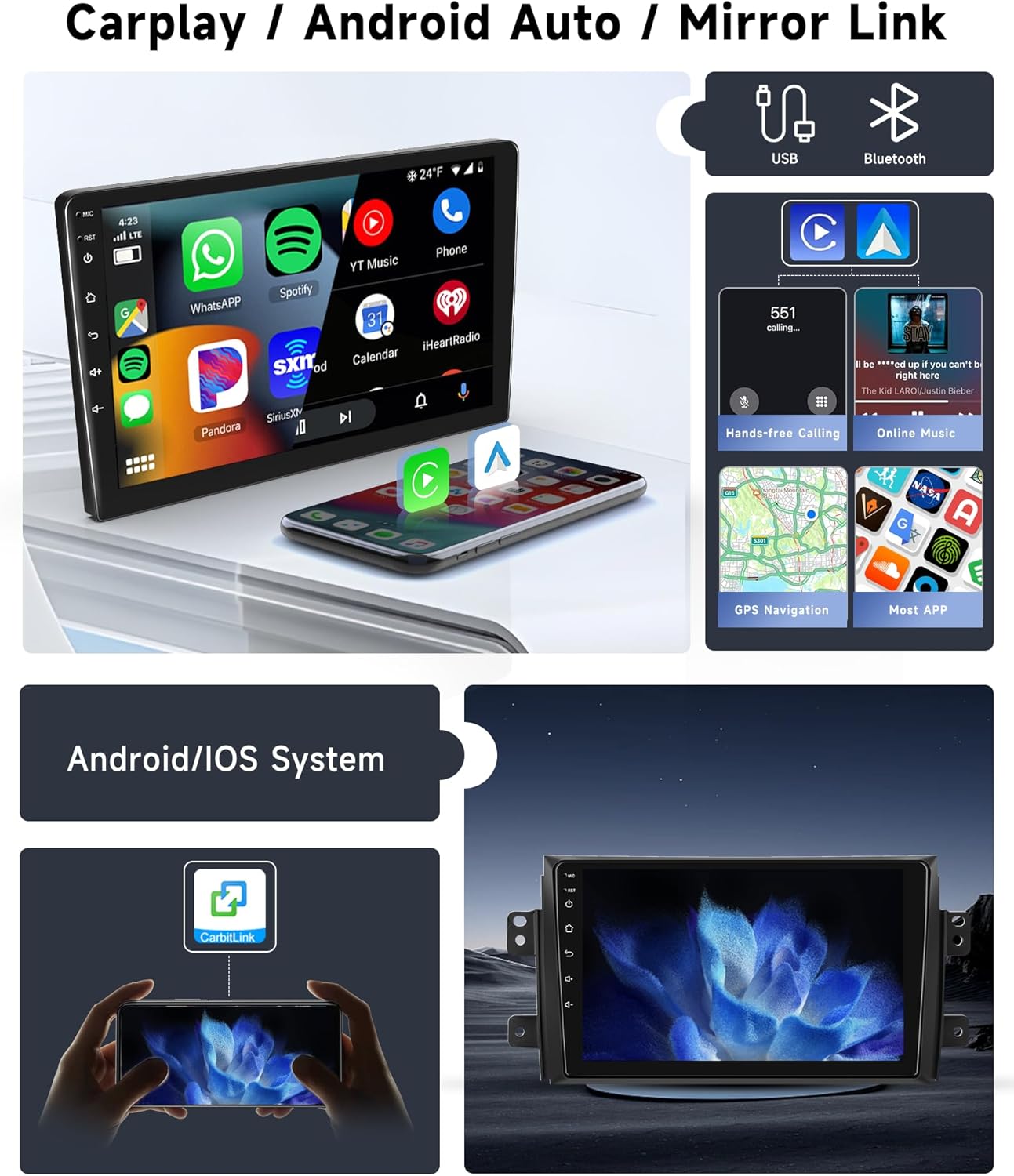 CarPlay, Android Auto, and Mirror Link features displayed on the car radio screen