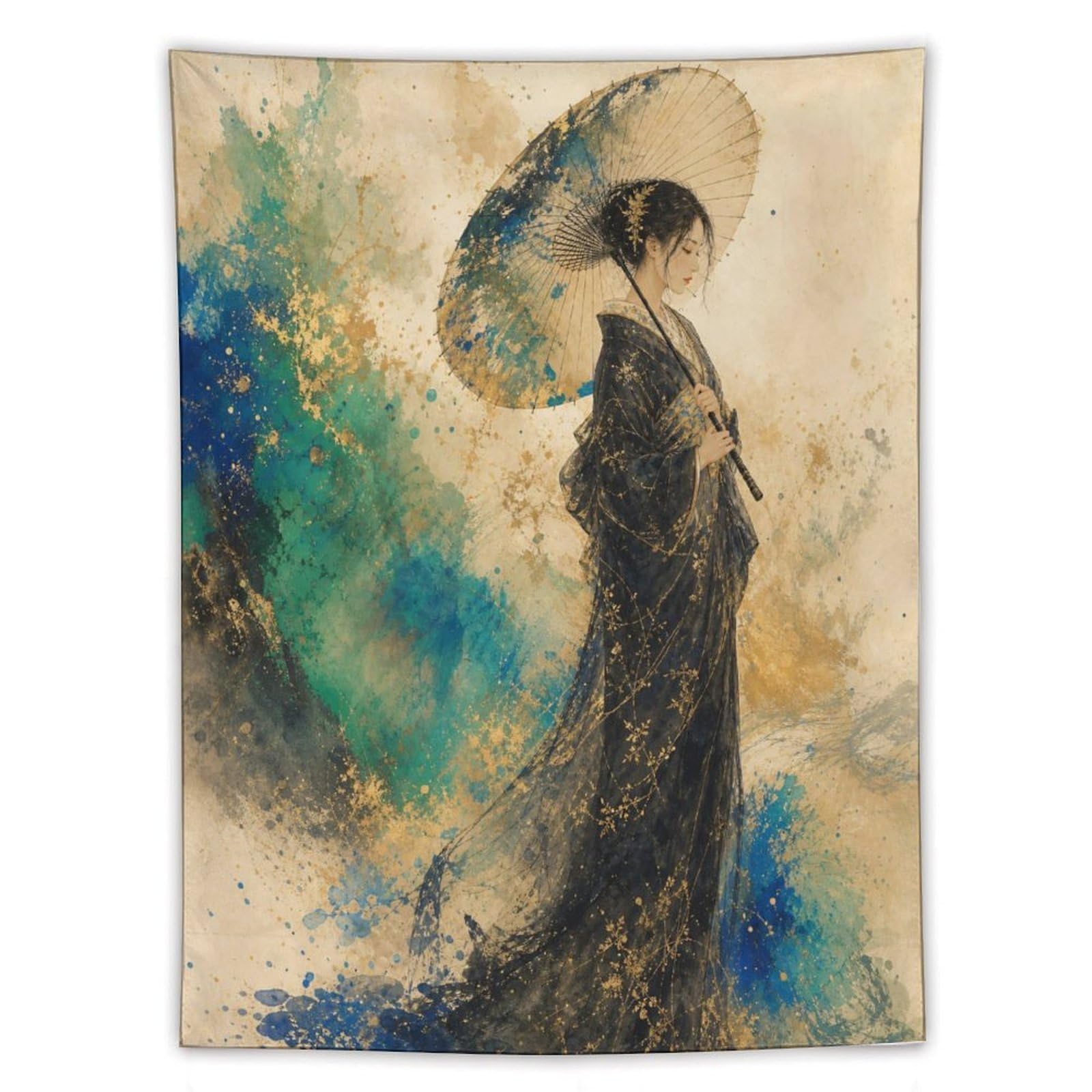 W7C8U2X3 Woman with Parasol by Turquoise Wave Wall Tapestry, Apartment