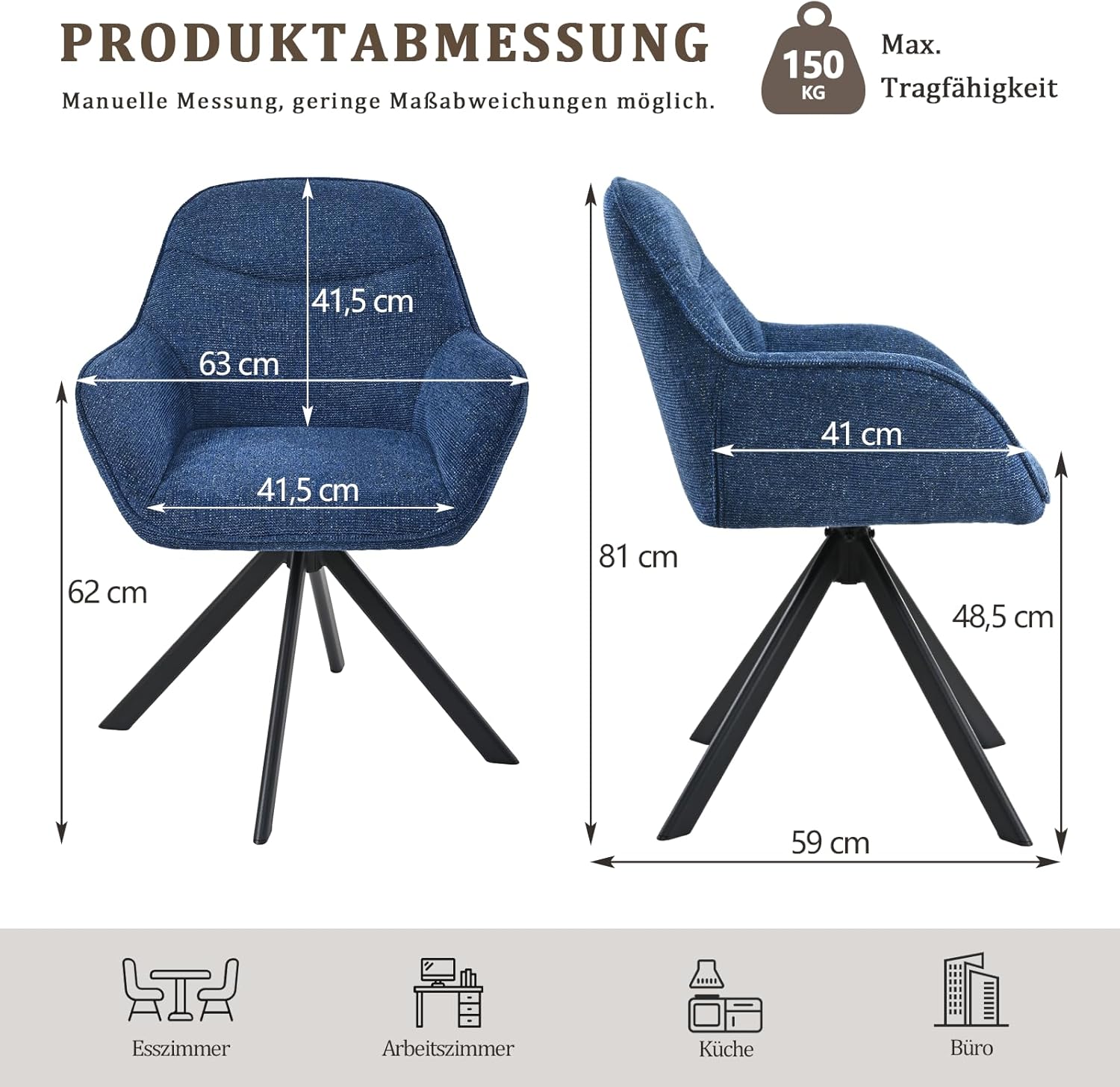 Goeurvant 6er Set Drehbarer Esszimmerstühle, Dunkelblau Chenille