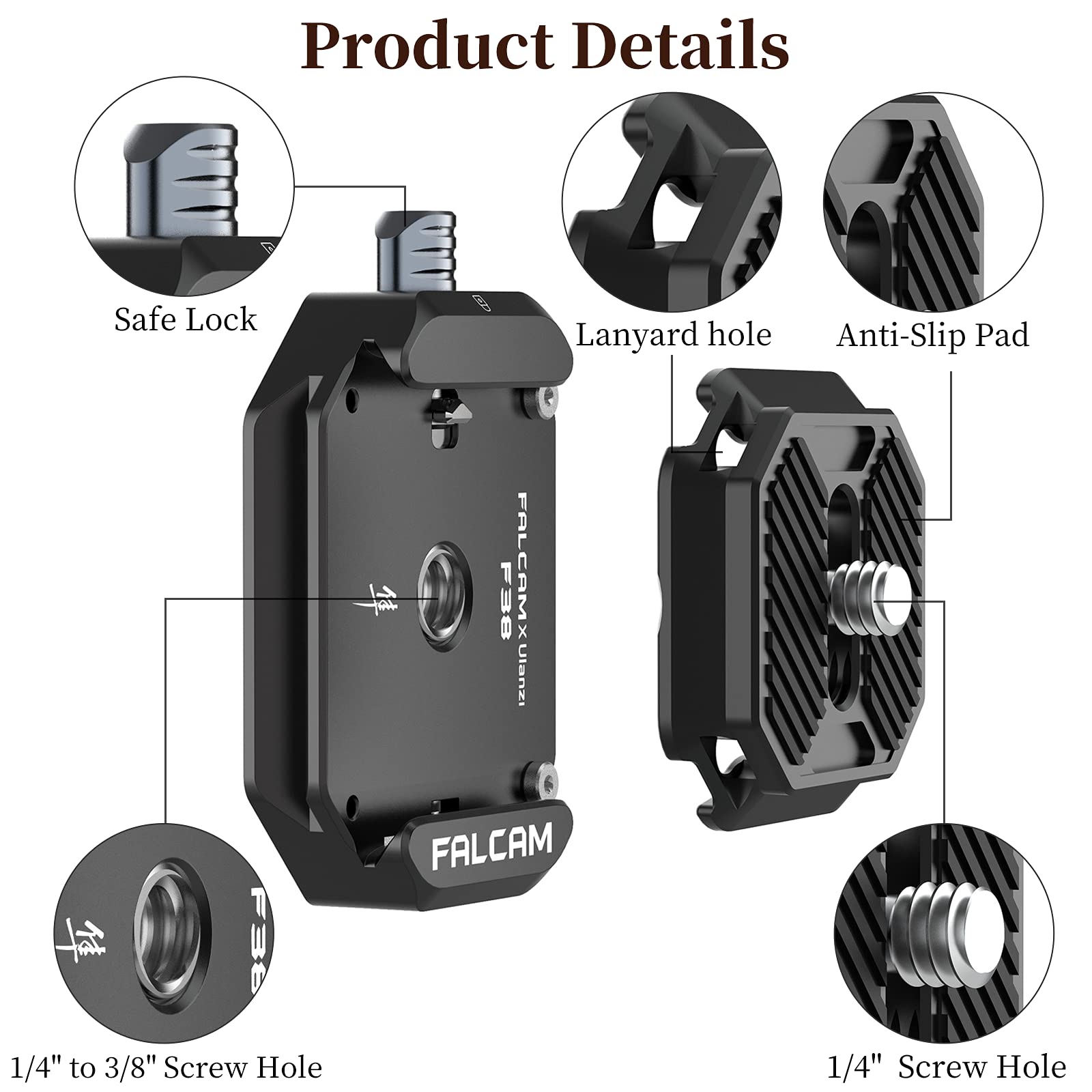 ULANZI F38 Plaque de dégagement rapide pour appareil photo avec support de bandoulière, fermeture rapide V2, plaque Arca Swiss Quick Release 1/4, compatible