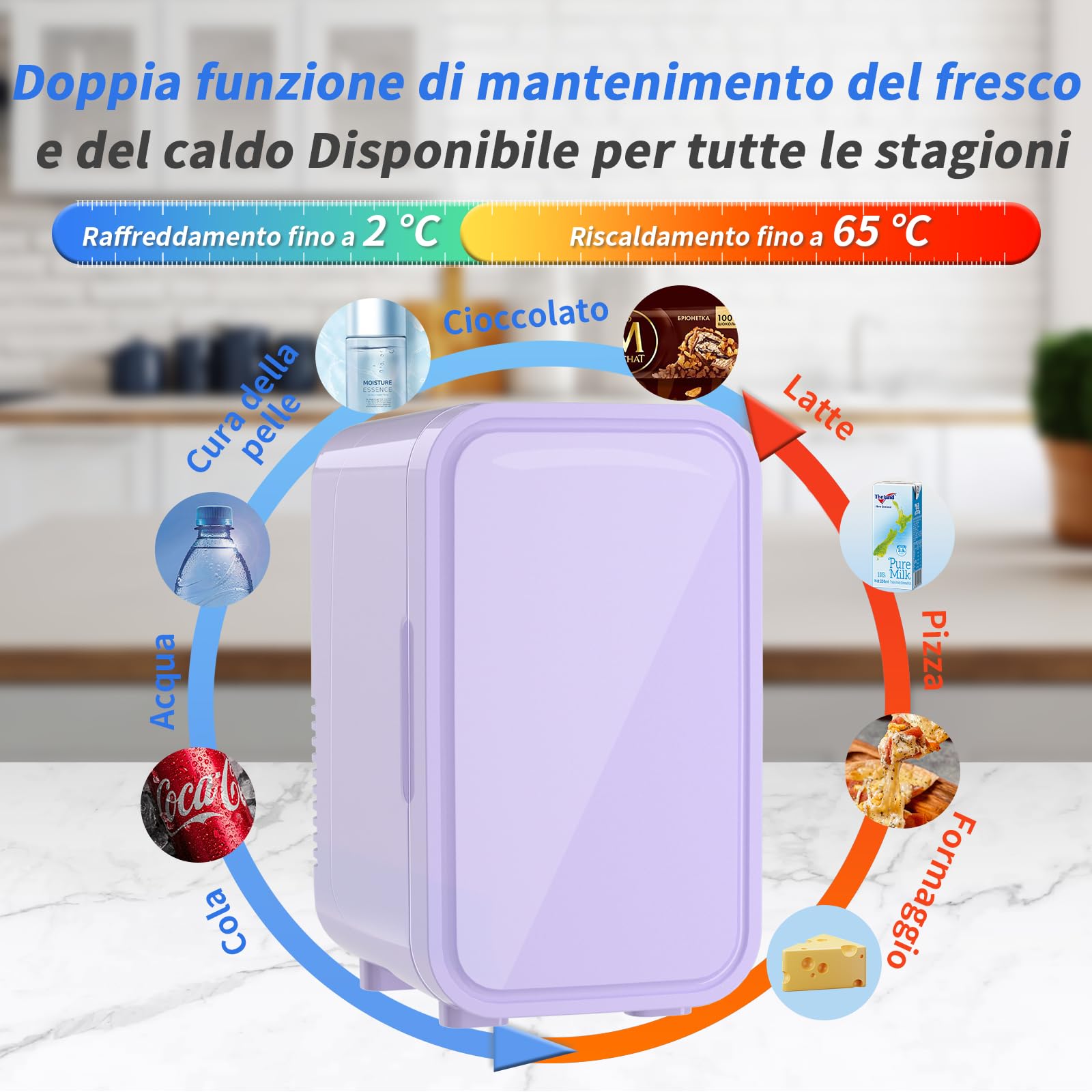 YASHE Mini frigo da 6 litri/8 lattine 220-240 V AC/DC, refrigeratore termoelettrico portatile, frigoriferi, camera da letto, cura della pelle, bevande, ufficio, dormitorio e auto, viola