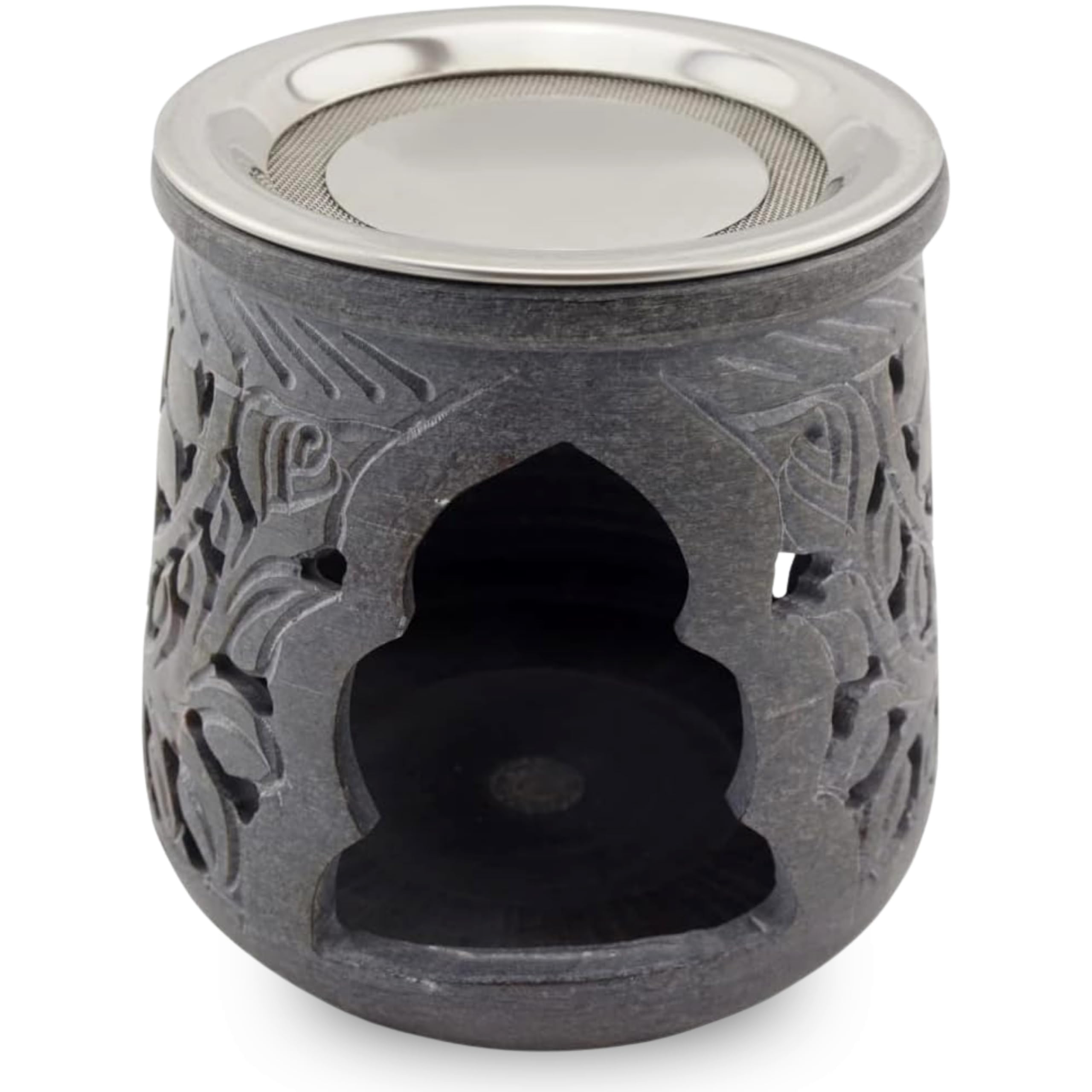 Handgefertigtes Räucherstövchen aus indischem Speckstein, graublau-marmoriert – Design „Jamal“ – inkl. Edelstahlsieb & Metallscheibe – 10 cm Höhe, Unikat