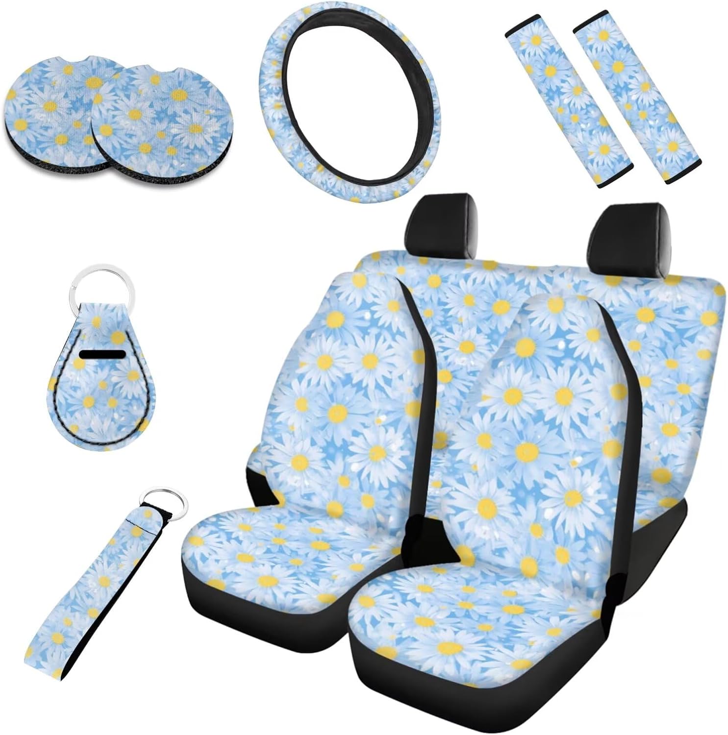 10 Set Cute Daily Floral Car Seat Covers Full Set Watercolor White Ditsy Flower Front and Back Seats Protectors Covers Sedan, Truck, SUV, Van, Most Bucket Seats for Women