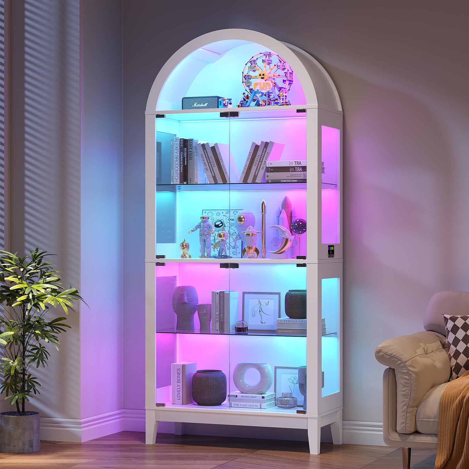 Gurexl RGB Arched Cabinet with Glass Doors and Removable shelves,Bookcase with Dynamic Colors,Floor Cabinets with Human Sensor for Collectibles,Curio,Figures,Model,Living Room,Bedroom,White