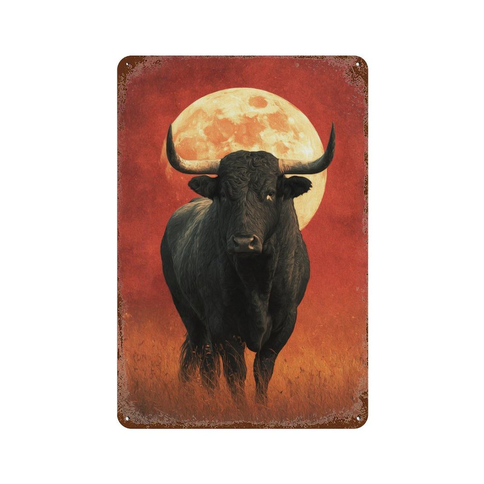 Rust Effect Full Moon Bull Painting -2 Decorative Tin Sign 11.8"x7.9", Classic Wall Plaque for Pub, Kitchen And Man Cave Decor