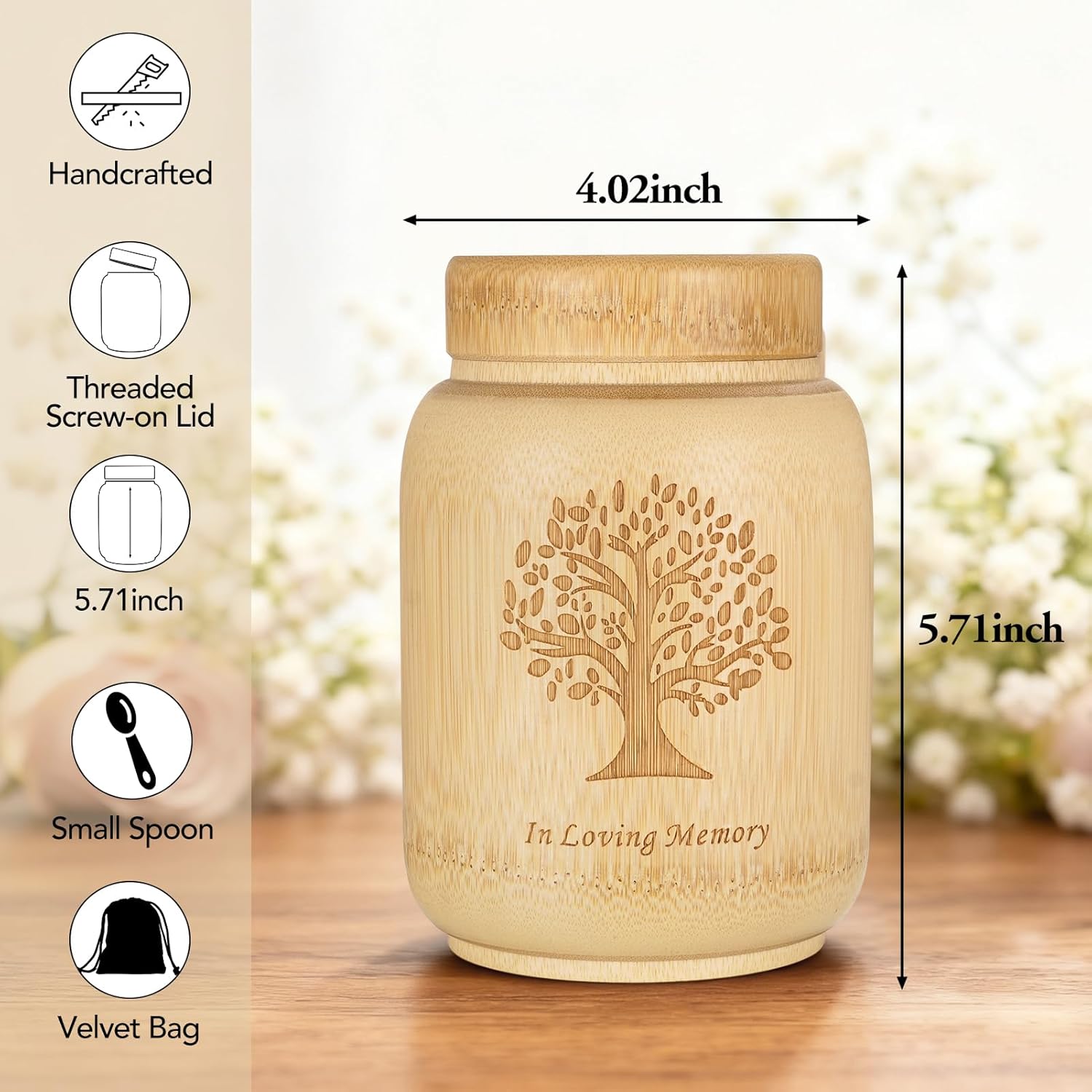 5.7 Inches Medium Urns for Human Ashes Keepsake Bamboo Cremation Urn for Adult Male Female Tree of Life Memorial Decorative Funeral Urn for Women Men - Image 2
