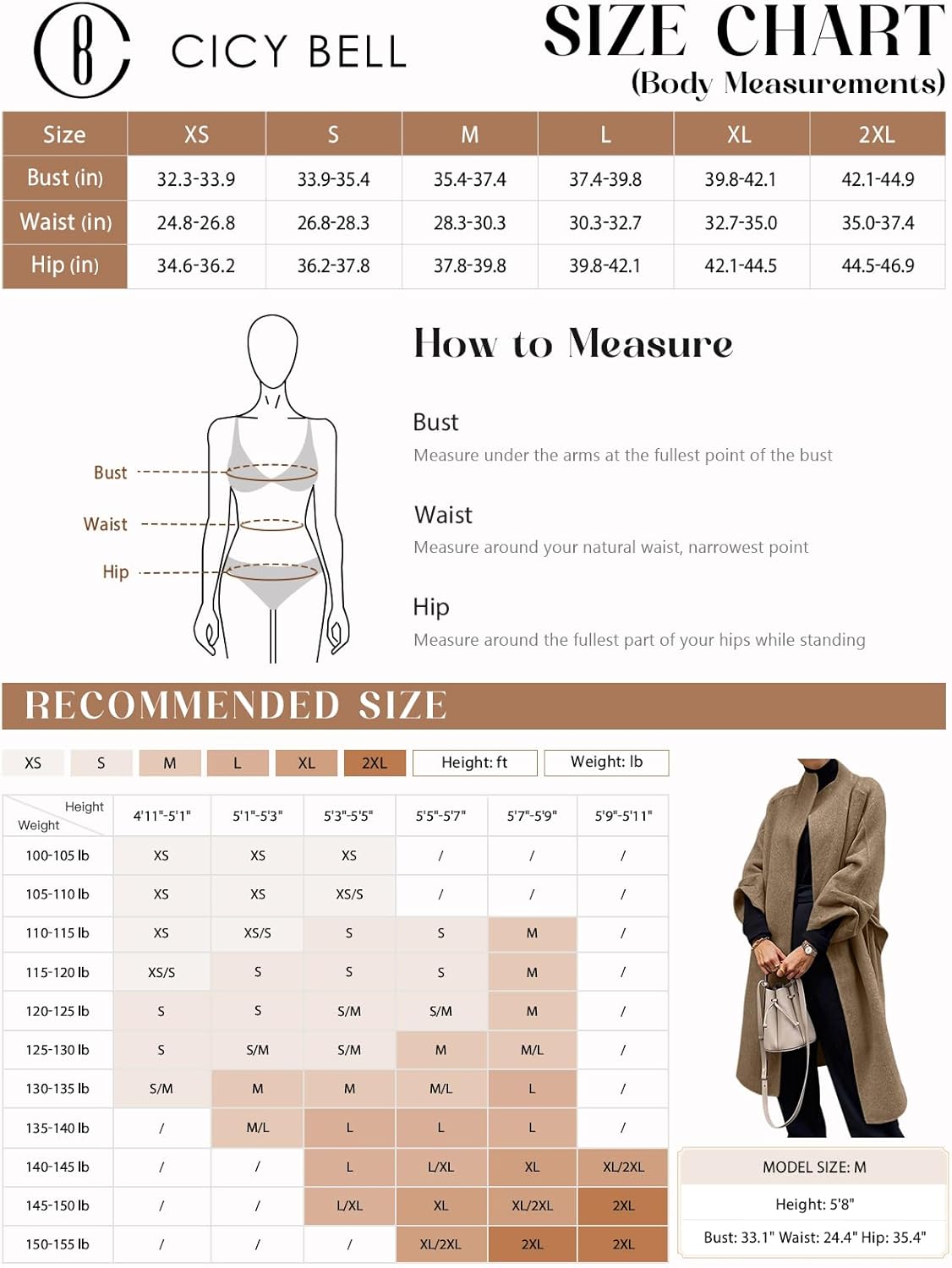 Cicy Bell Coat Sizing Guide and Measurement Chart