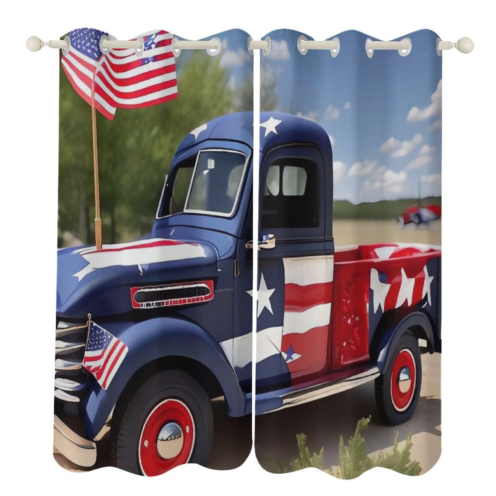 Rideaux décoratifs haut de gamme motif camions patriotiques 4 juillet