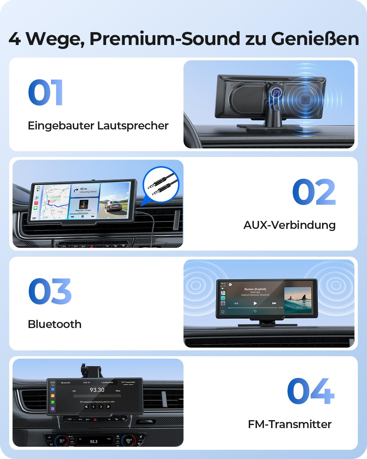 9,26" Drahtloses Tragbarer Car Play Display mit 4K-Front- & HD-Rückfahr-Dual-Dashcam für Apple CarPlay & Android Auto mit OTA-Updates, Mirror Link, Bluetooth 5.0, Sprachsteuerung, GPS, FM