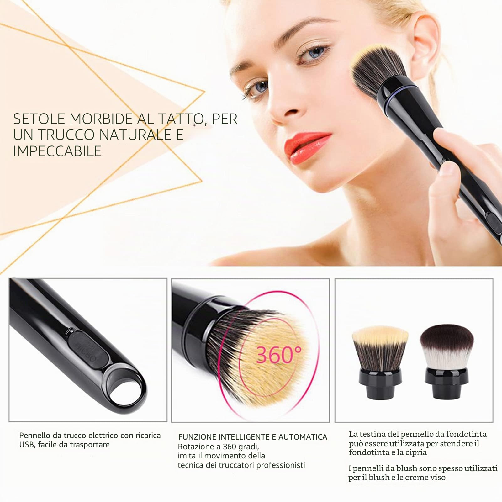 Pennello Elettrico per Trucco Pennello per Trucco Rotante Automatico con Testine per Fondotinta e Fard per Trucco a Base di Crema Liquida in Polvere per Tutti i Tipi di Pelle