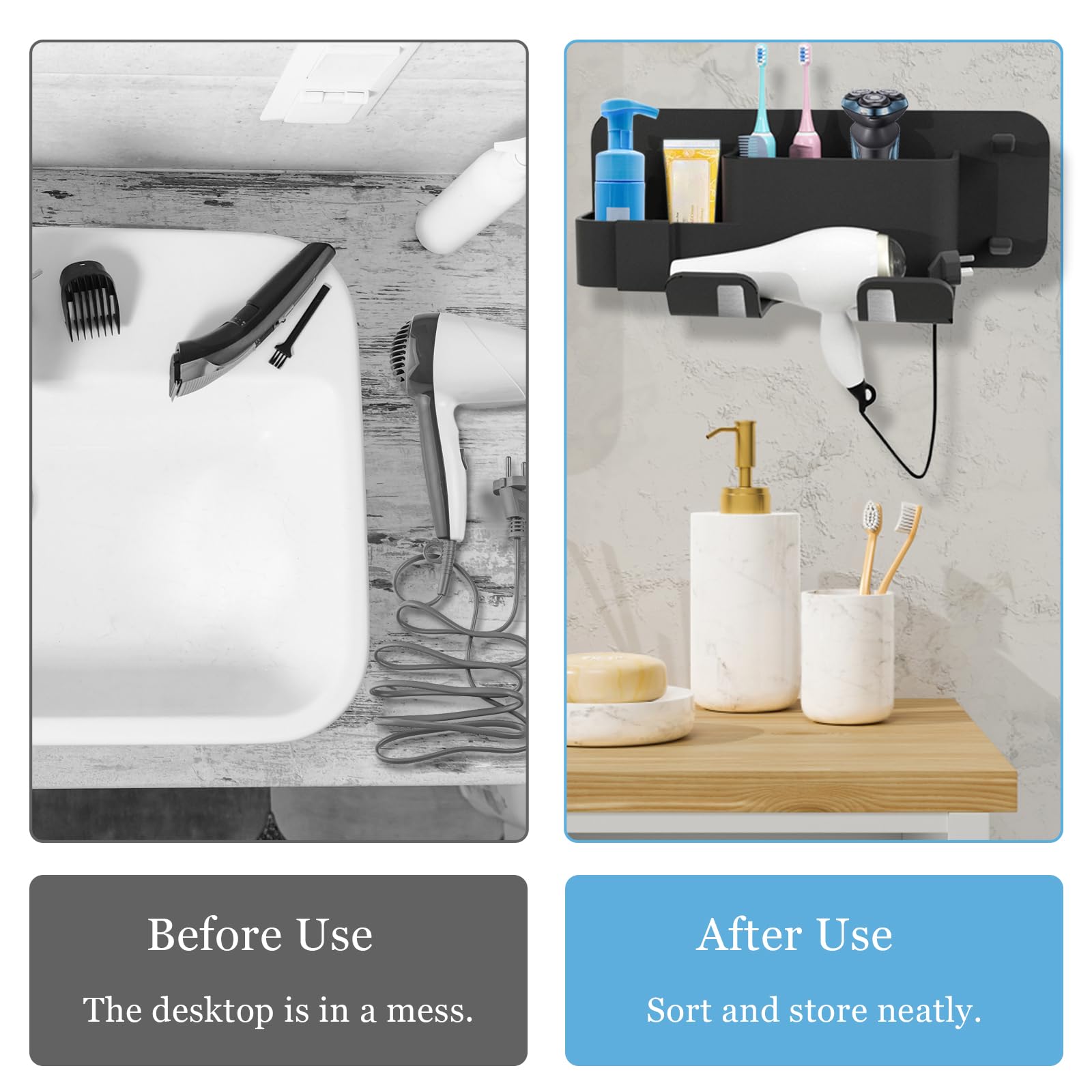 Porta Asciugacapelli Da Parete Senza Foratura - Supporto In Alluminio Con Portacavo, Nero - Foto 11