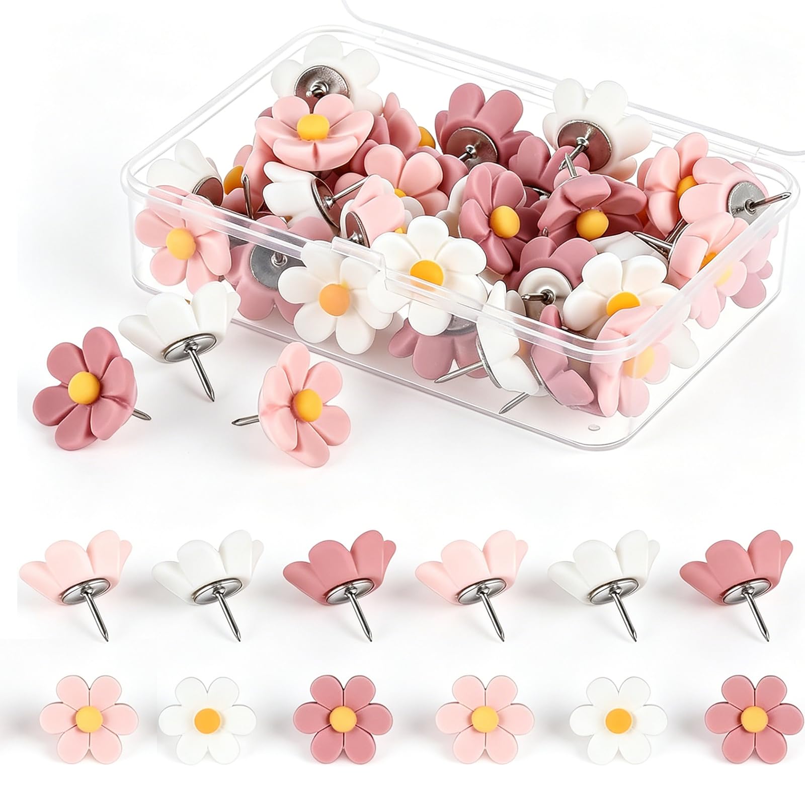 30 Pcs Flower Push Pins Pink & White Decorative Drawing Pins for Cork Boards, Notice Boards, Maps & Crafts, with Storage Box, Perfect for School & Office Use