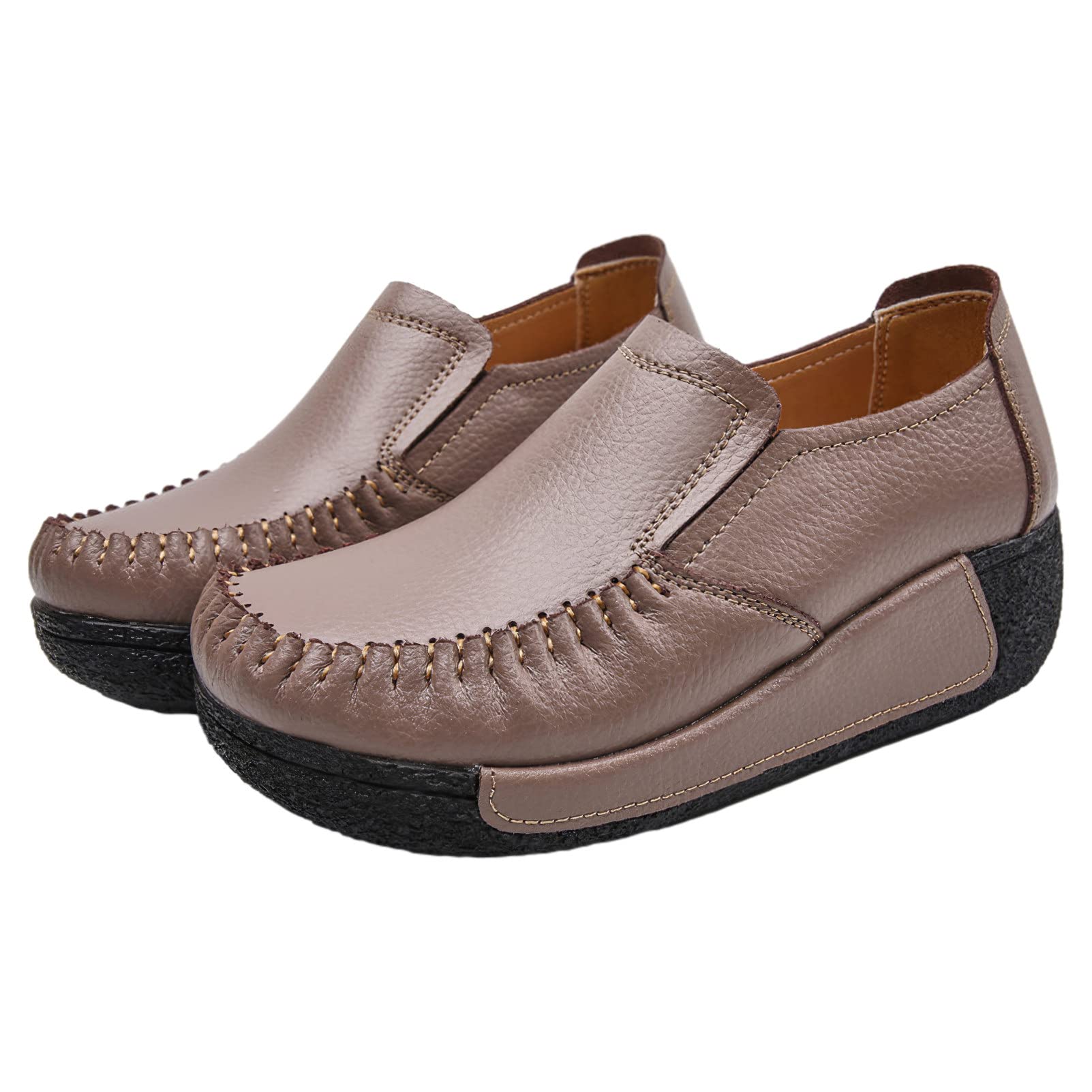 rismart Mujer Cuero Zapatillas de Deporte con Plataforma Ponerse Cuña Calzado Casual con Banda Elástica