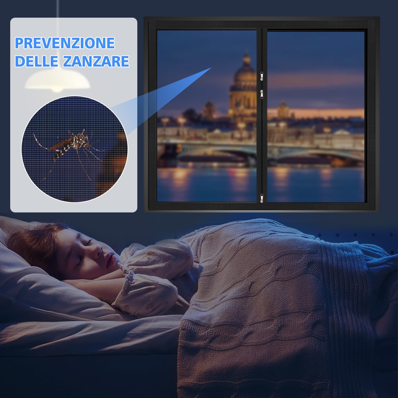 Zanzariere per Finestre con Cerniera Bidirezionale e Nastro Adesivo Trasparente| 70x125 cm | Maglia in PP Antizanzare Traspirante, Riusabili, Lavabili| Installazione Senza Strumenti| Nero